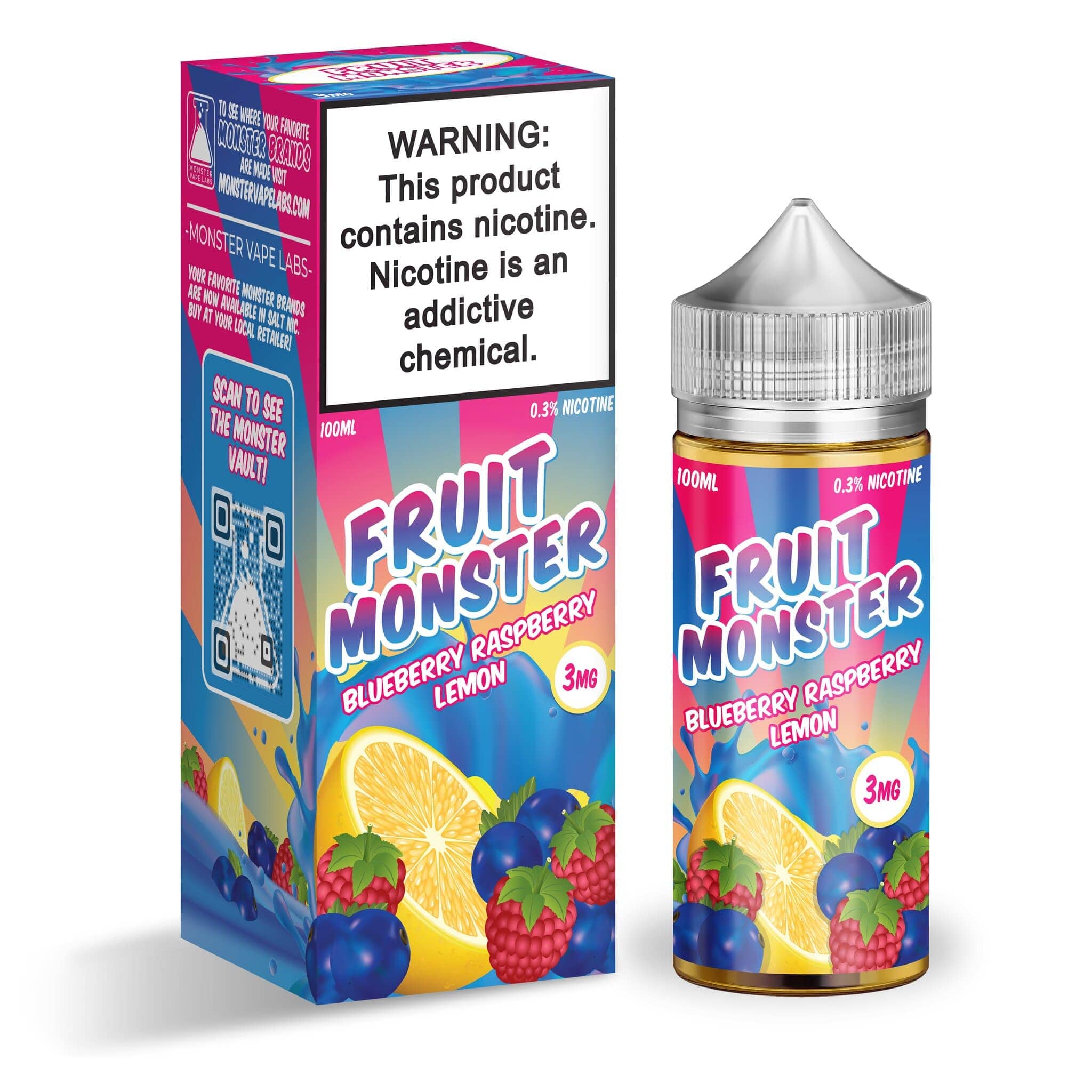 Blueberry raspberry lemon fruit e-liquid by Fruit Monster in a 100mL bottle, showcasing fresh fruit flavors and vibrant packaging.