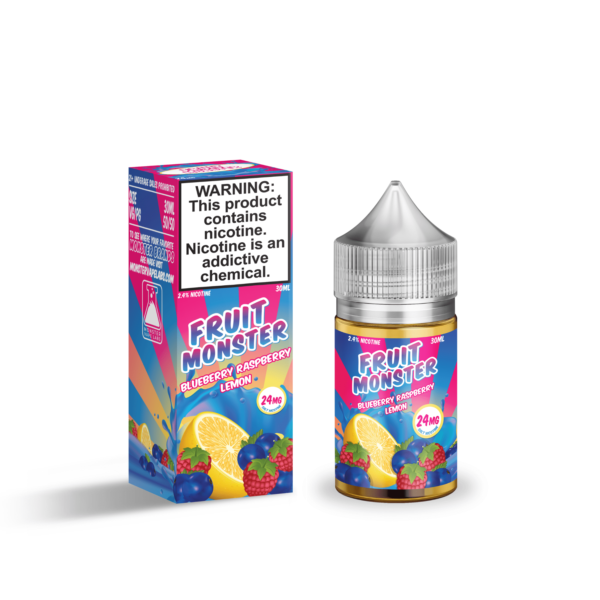 Blueberry raspberry lemon salt e-liquid by Fruit Monster in a 30mL bottle, featuring vibrant fruit flavor blend
