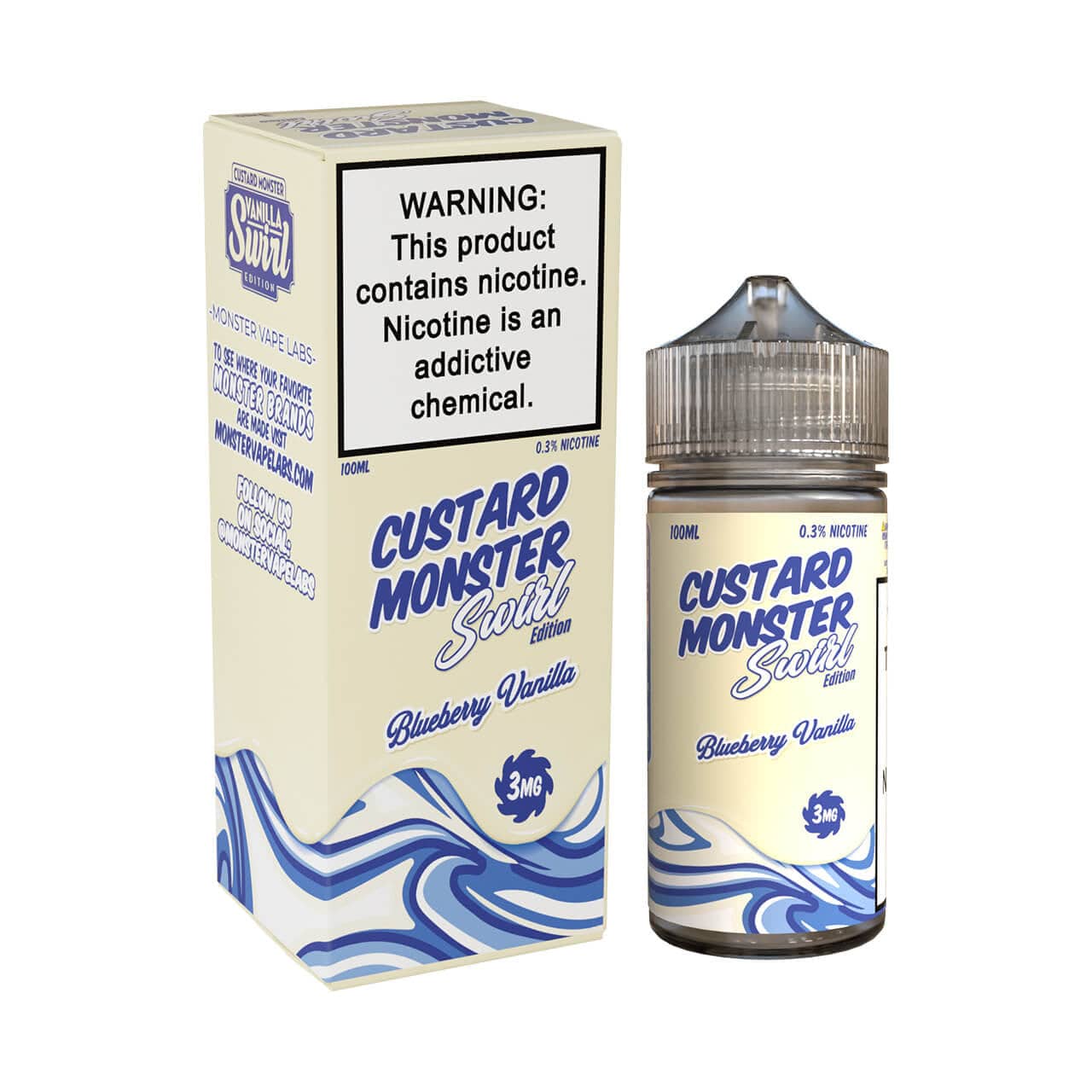 Blueberry and vanilla custard e-liquid by Custard Monster Swirl Edition in a 100mL bottle, showcasing vibrant blueberry and creamy vanilla flavors.