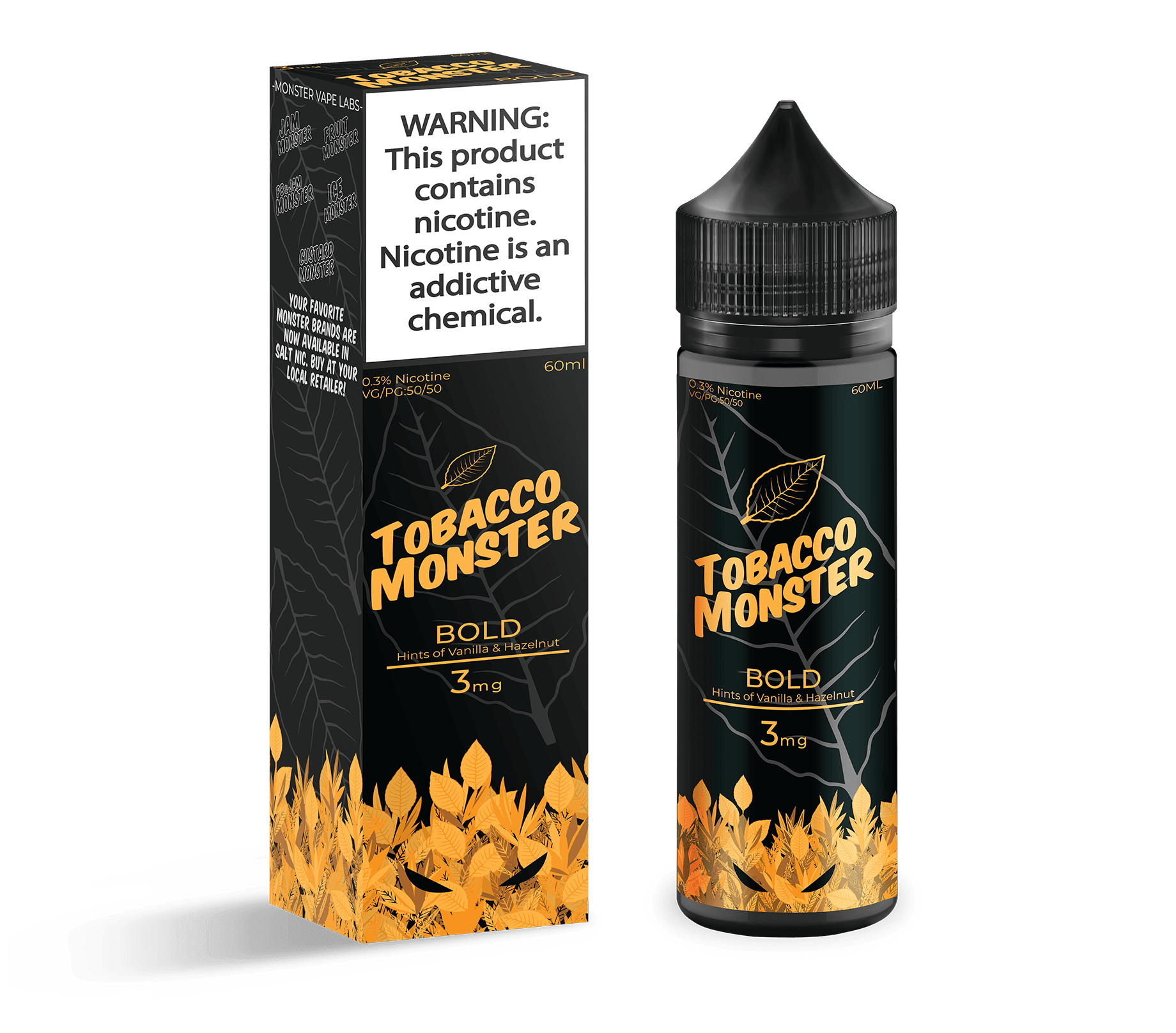Bold Tobacco Monster 100mL e-liquid bottle with bold label, featuring dark tobacco imagery and branding on a white background.