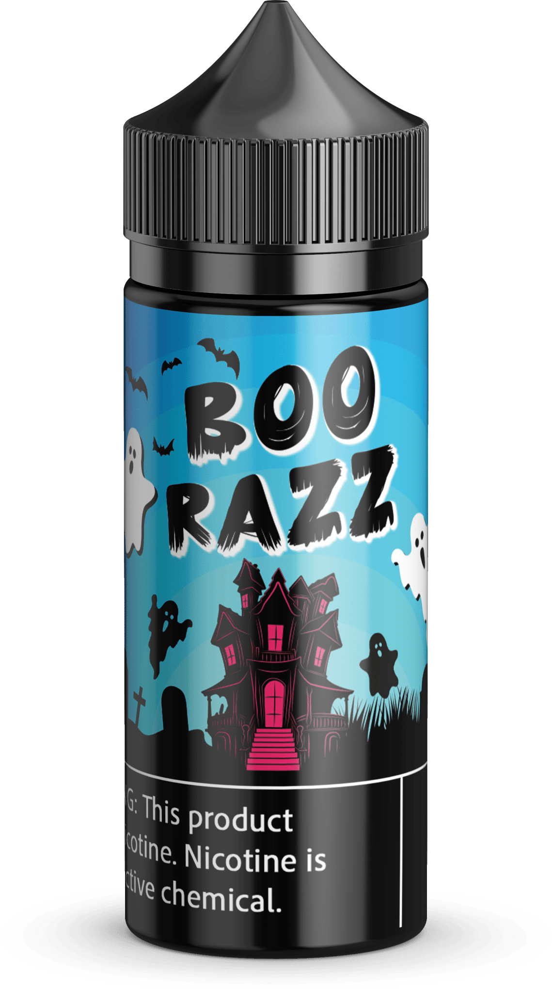 Boo Razz Vapergate & Alt Zero 100mL e-liquid bottle with colorful label, fruity raspberry flavor, and vapor cloud graphics.