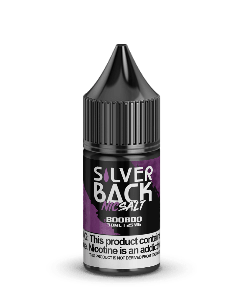 Silverback Juice Co. BooBoo SALT 30mL e-liquid bottle with silver label and dropper cap, designed for vaping.