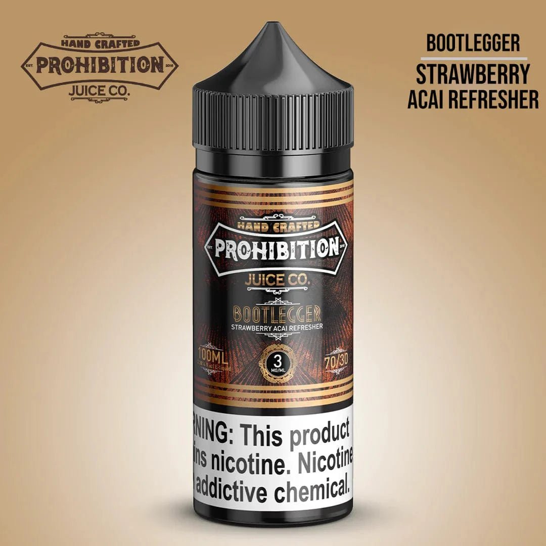 Prohibition Juice Co. Bootlegger 100mL e-liquid bottle with colorful label for vaping enthusiasts.