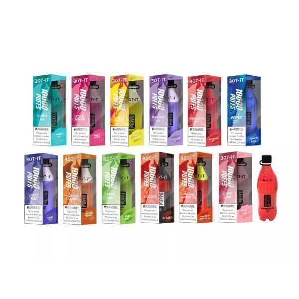 BLITZ Bot-It Disposable Vape 10,000 Puffs with sleek cylindrical design and colorful flavor labels, ideal for on-the-go vaping.