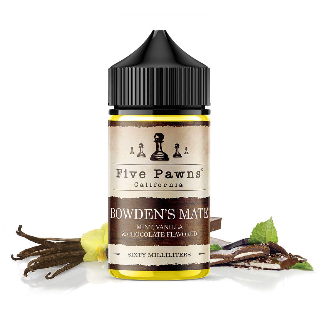 Five Pawns Bowden's Mate e-liquid bottle, 60mL, with colorful label and sleek design, ideal for vaping enthusiasts.