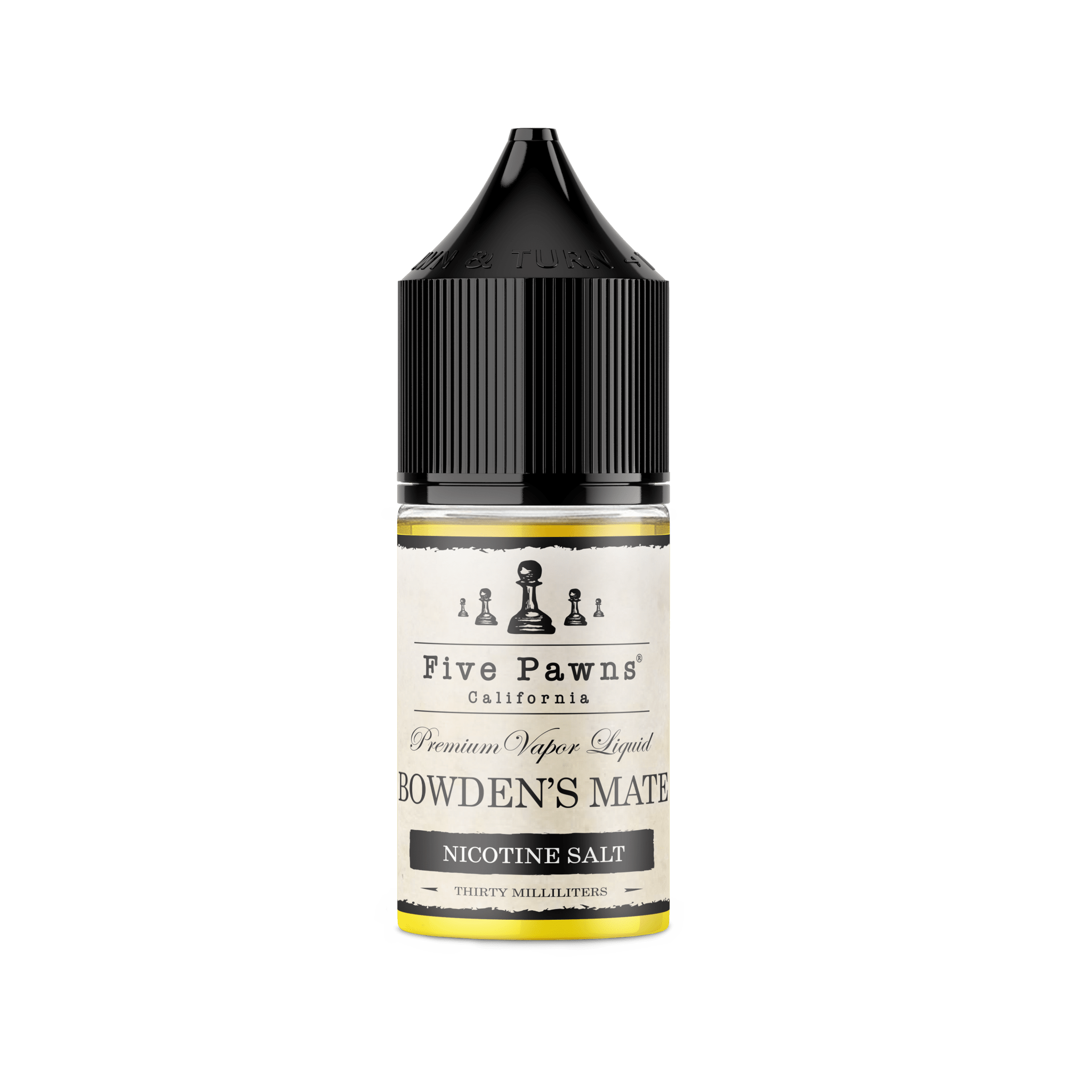 Five Pawns Bowden's Mate SALT e-liquid bottle, 30mL with label featuring vibrant branding and product details.