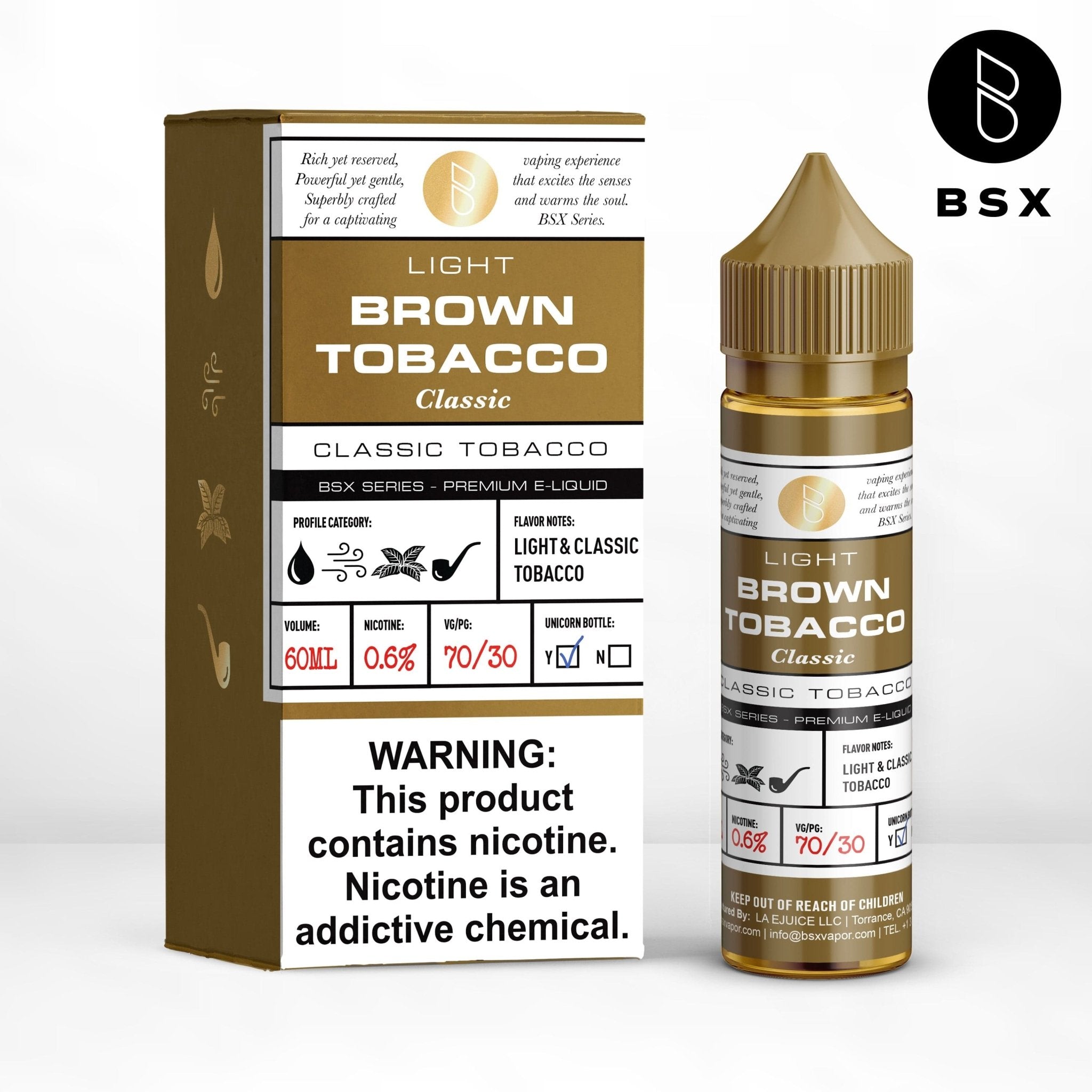 Brown Tobacco e-liquid from BSX Vapor BSX Series in a 60mL bottle, featuring rich tobacco flavor and amber color.