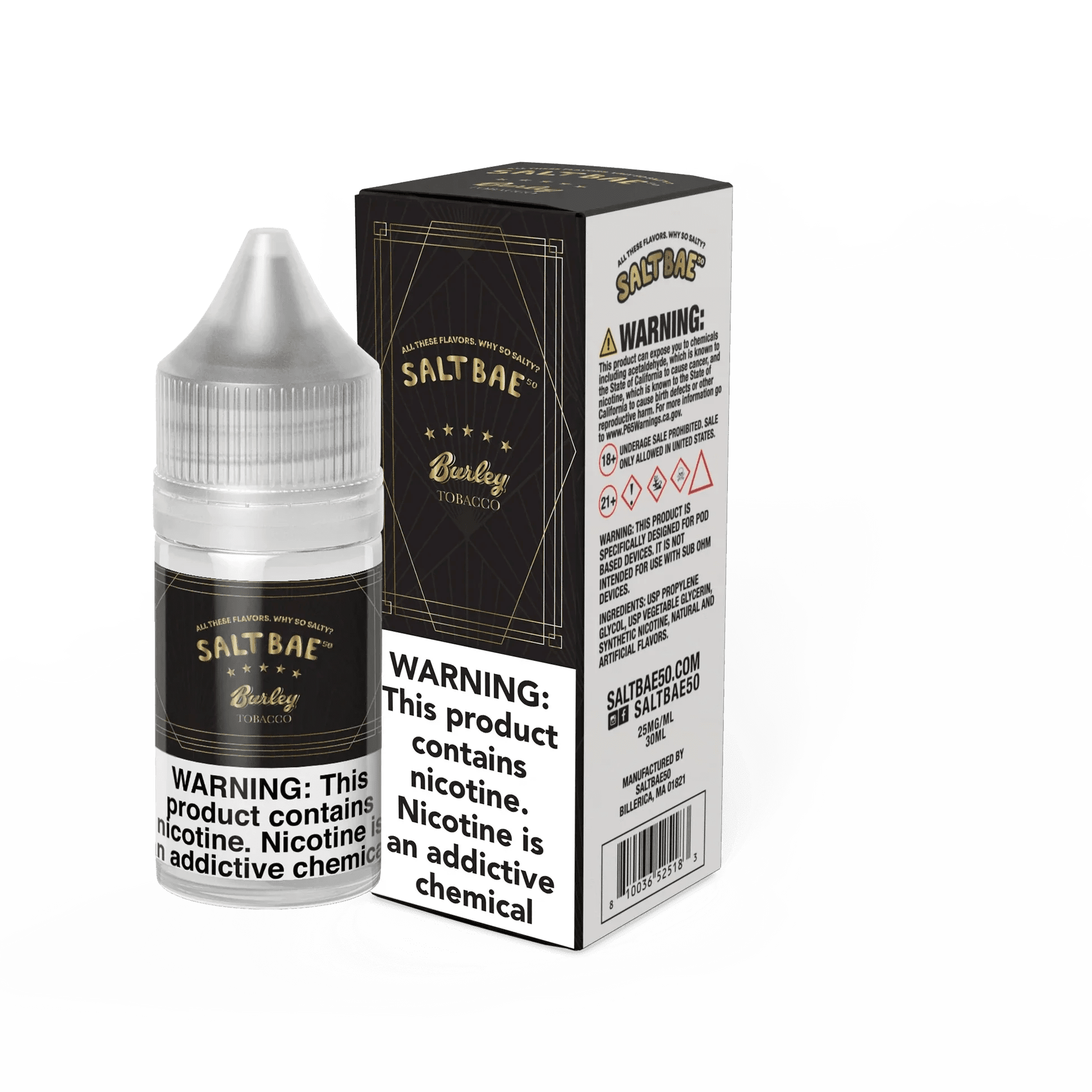 Burley Tobacco Salt Bae 50 e-liquid bottle, 30mL, with tobacco flavor and salt nicotine, featuring bold branding and packaging.