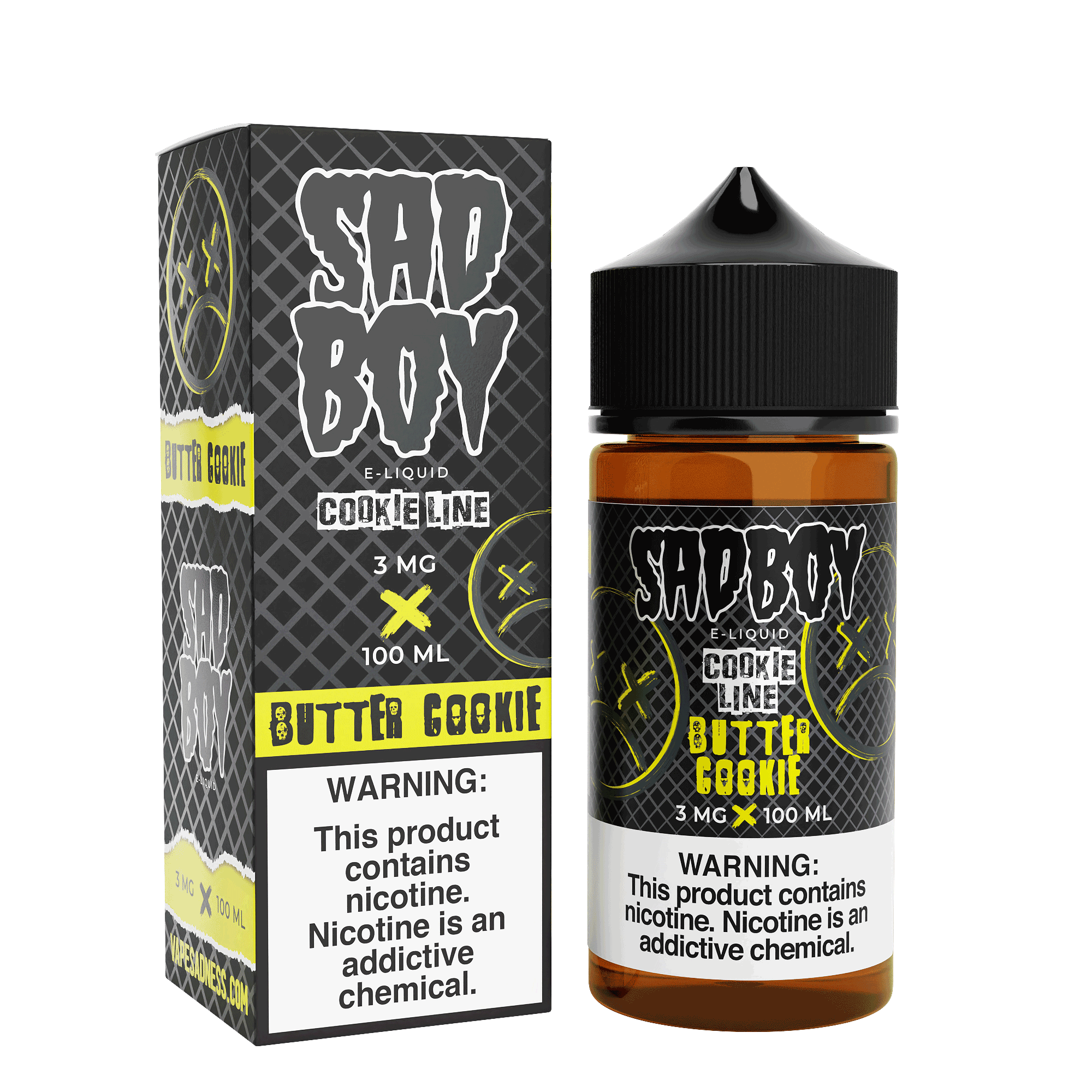 Sadboy Butter Cookie e-liquid bottle, 100mL, with a label featuring a butter cookie design and branding.