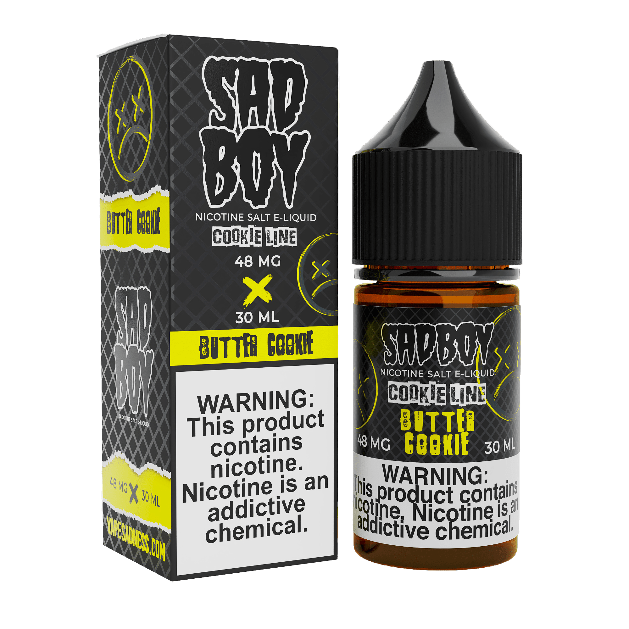 Sadboy Butter Cookie SALT e-liquid bottle, 30mL, with a focus on buttery cookie flavor and salt nicotine content.
