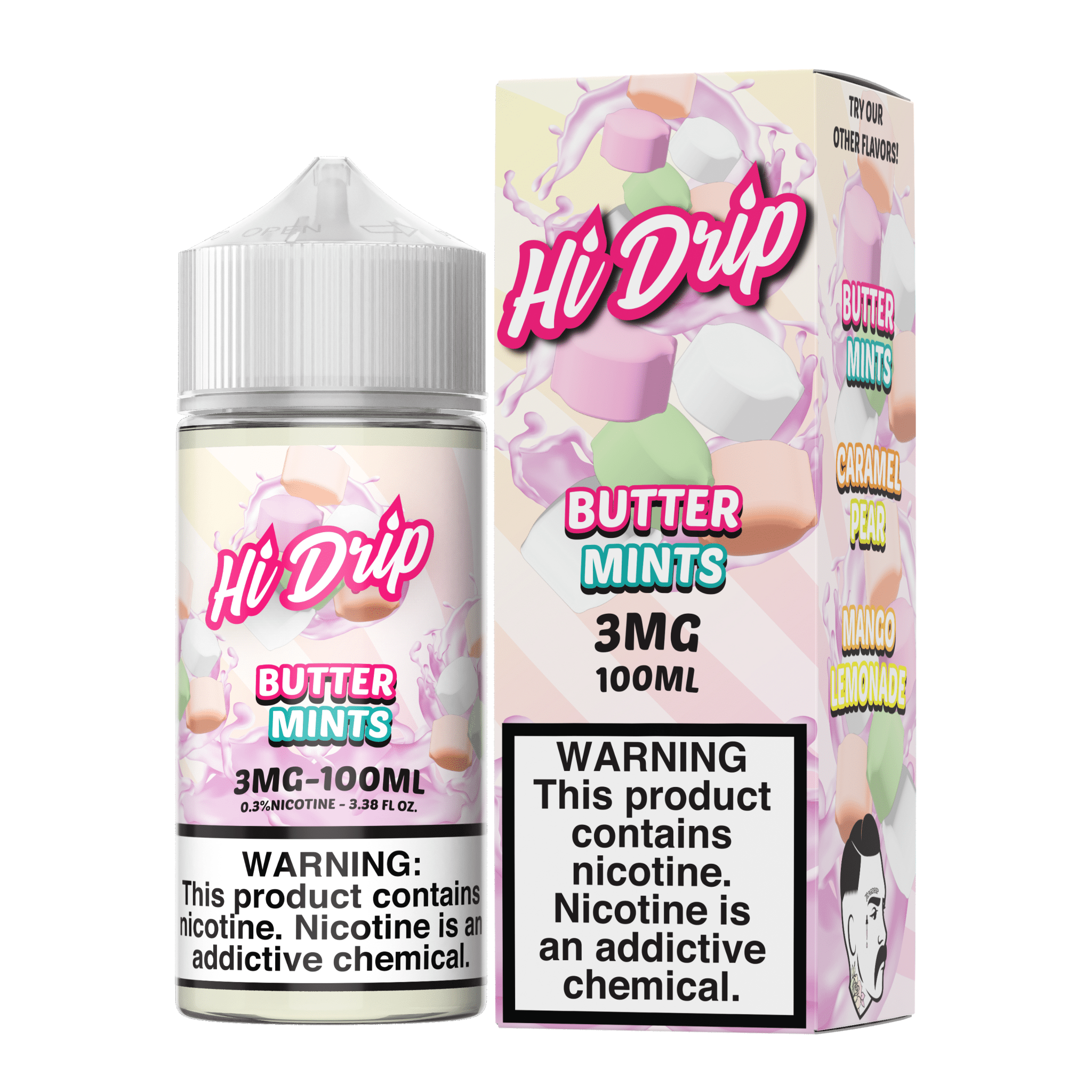 Hi Drip Butter Mints E-liquid 100mL bottle with mint candy flavor and clear label design.