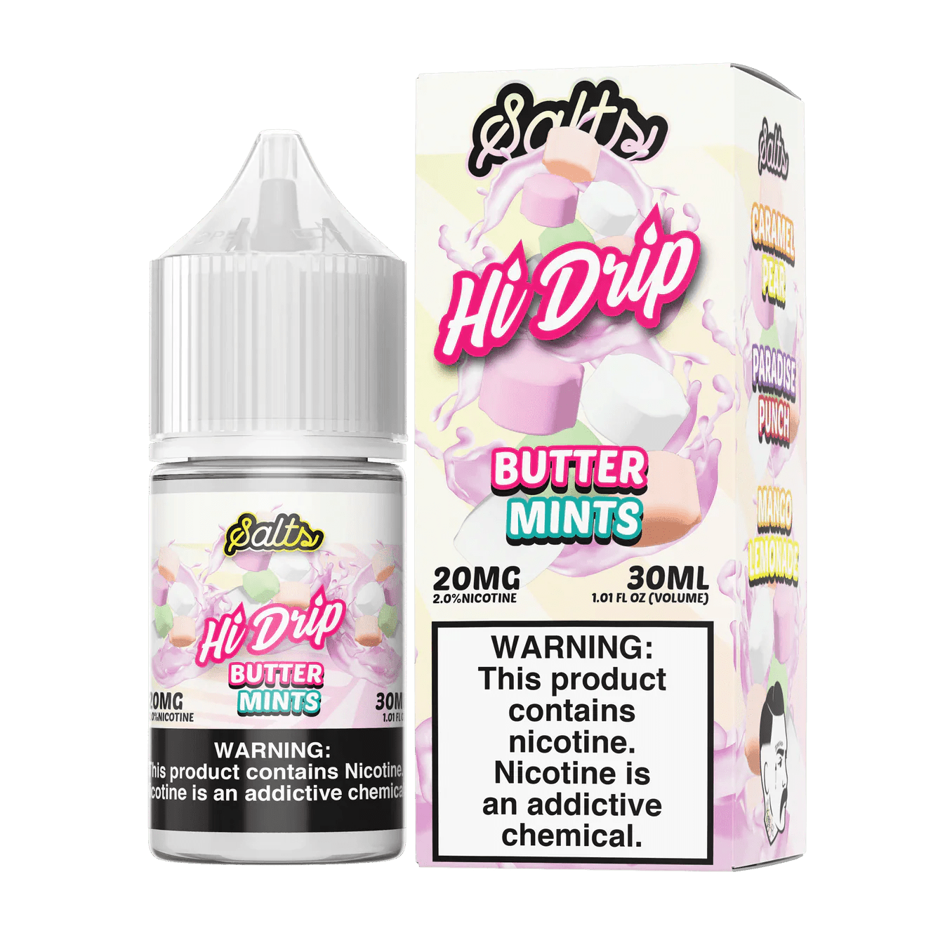 Hi Drip Butter Mints Salt E-liquid 30mL bottle, creamy mint flavor with smooth butter notes for vaping enjoyment.