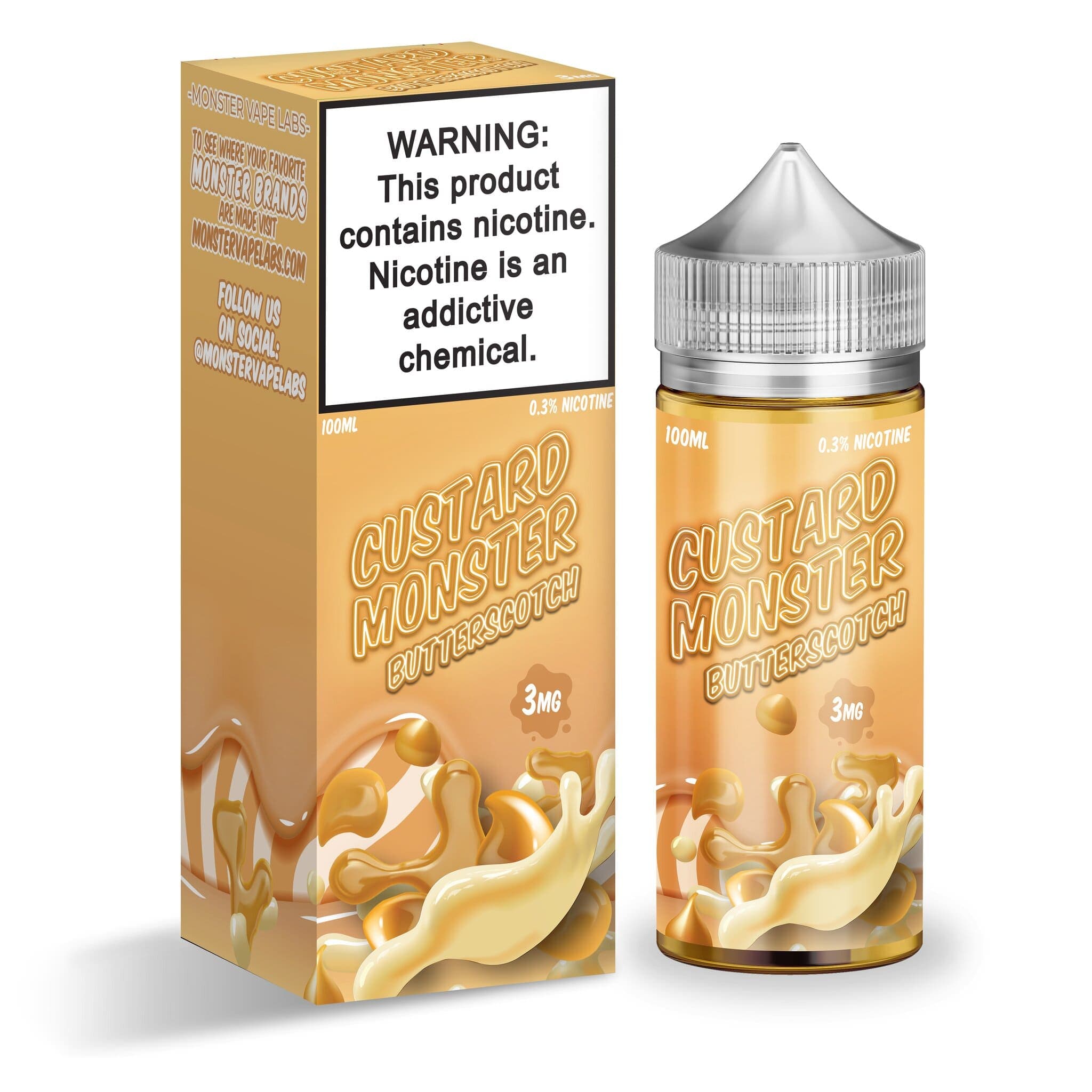 Butterscotch custard e-liquid by Custard Monster in a 100mL bottle, featuring rich butterscotch and creamy custard flavor.