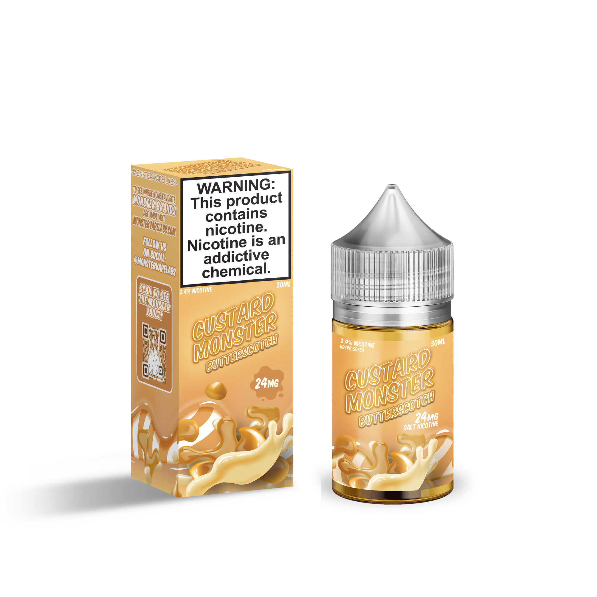 Butterscotch SALT e-liquid by Custard Monster in a 30mL bottle, featuring rich butterscotch and custard flavor.