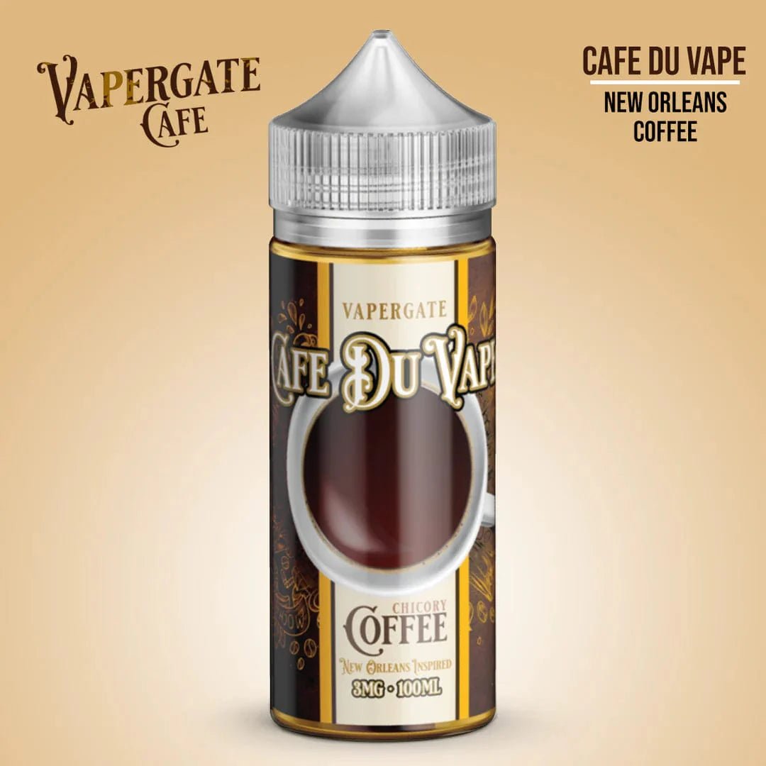 Vapergate Cafe Du Vape e-liquid bottle, 100mL size, with label featuring coffee-themed design and branding.