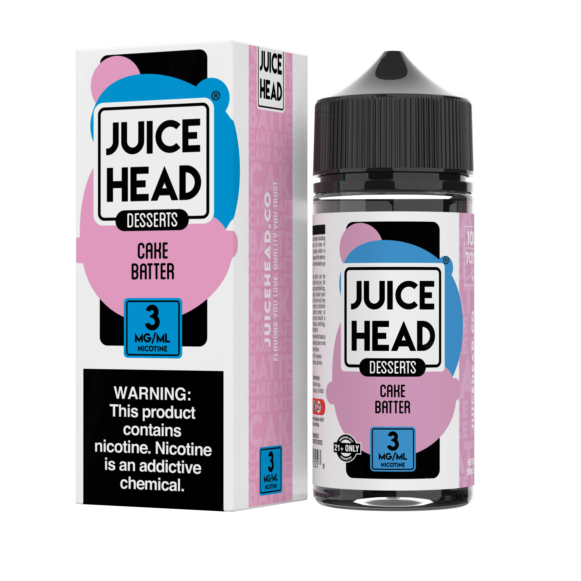 Bottle of Juice Head Cake Batter e-liquid in 100mL packaging, featuring colorful label design and clear branding.