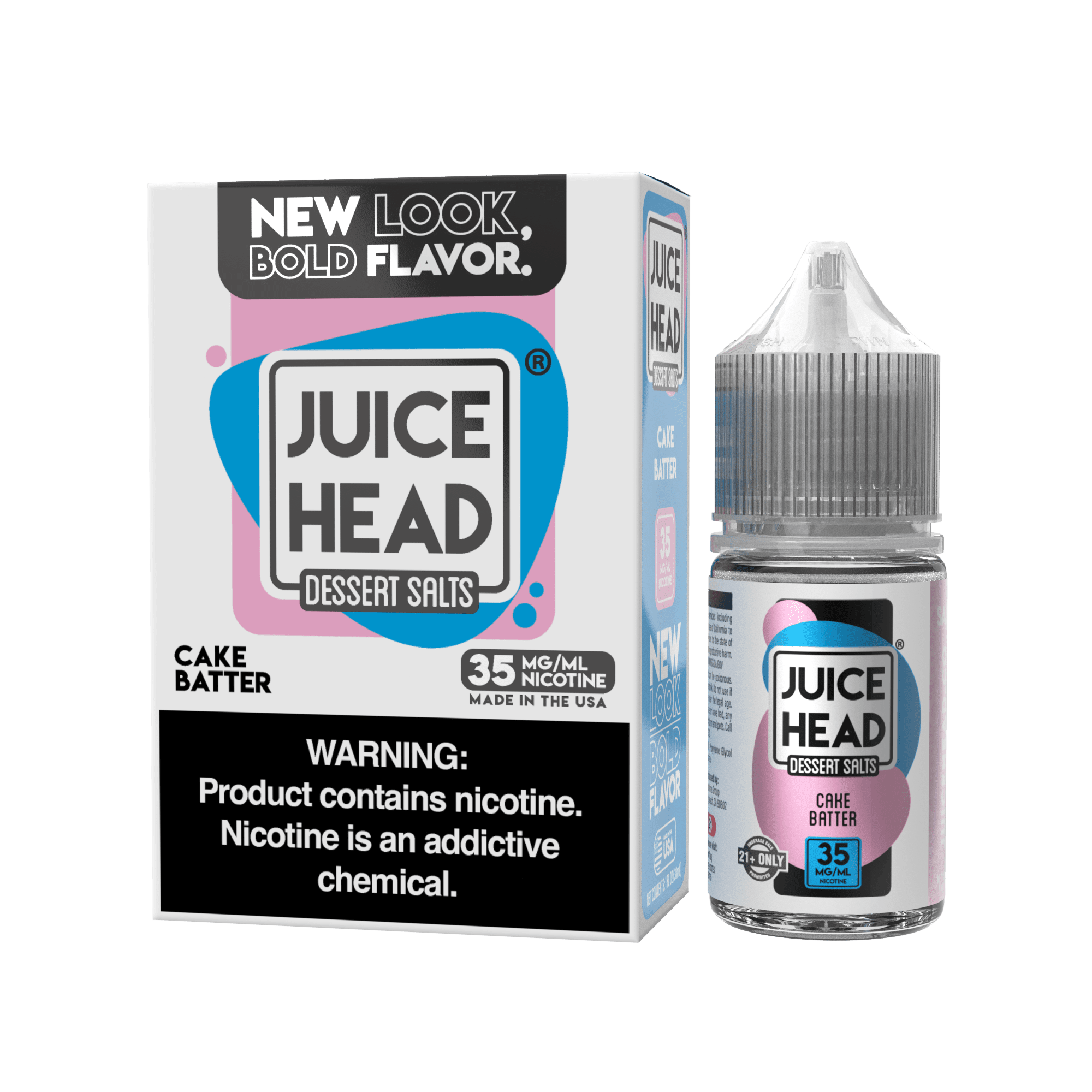 Juice Head Cake Batter SALT e-liquid bottle, 30mL, featuring vibrant cake batter flavor for vaping enthusiasts.