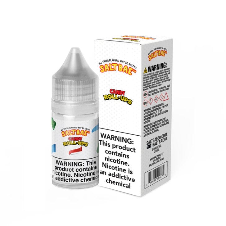 Salt Bae Candy Roll-Ups SALT E-liquid in 30mL bottle, featuring colorful candy roll-up design and Salt Bae branding.
