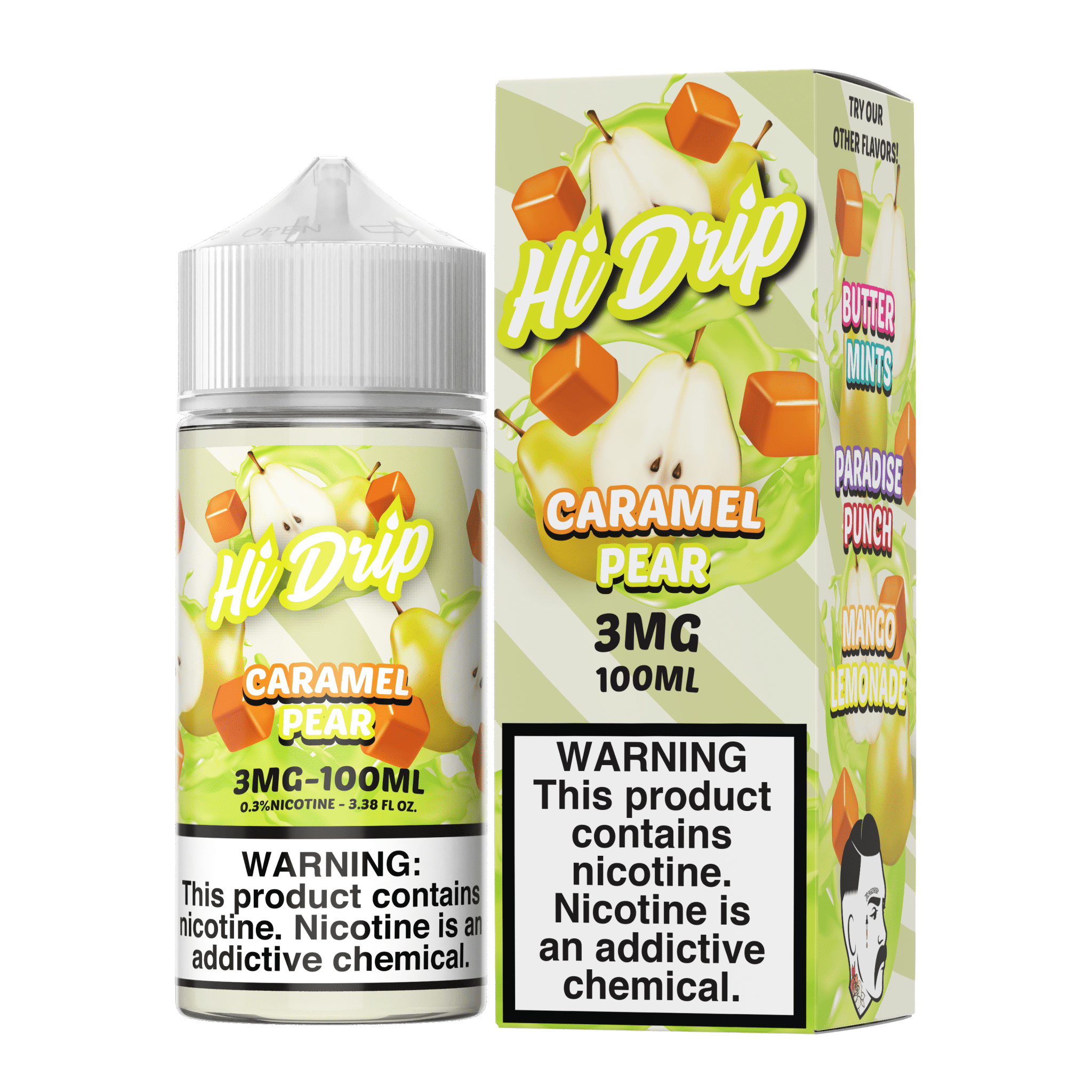 Bottle of Hi Drip Caramel Pear e-liquid, 100mL, featuring a caramel and pear flavor with a colorful label design.