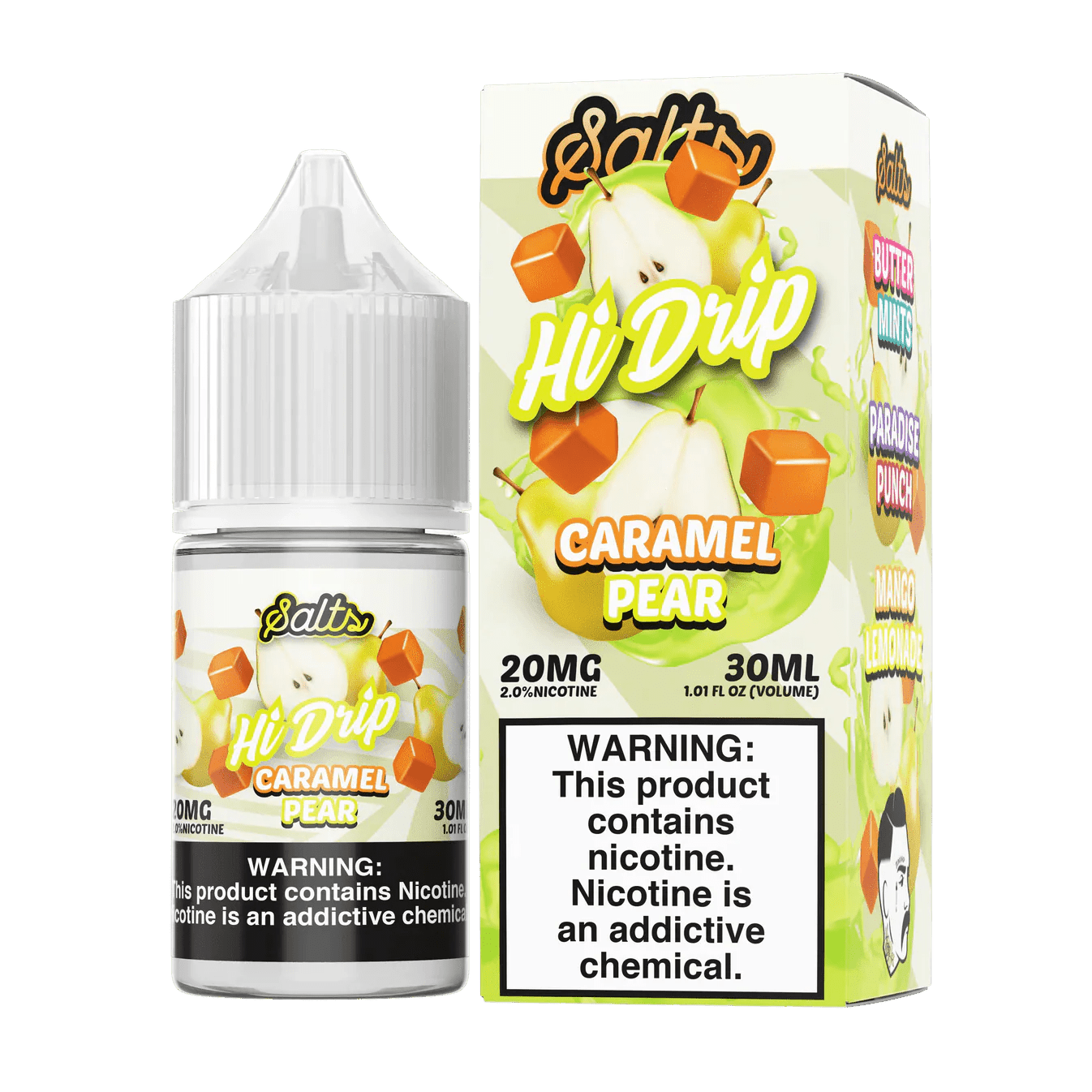 Bottle of Hi Drip Caramel Pear Salt e-liquid in 30mL size, featuring caramel and pear flavor profile.