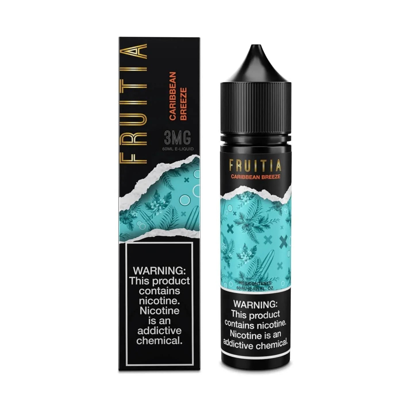 Caribbean Breeze Fruitia 60mL e-liquid bottle with tropical fruit flavor and vibrant label design.