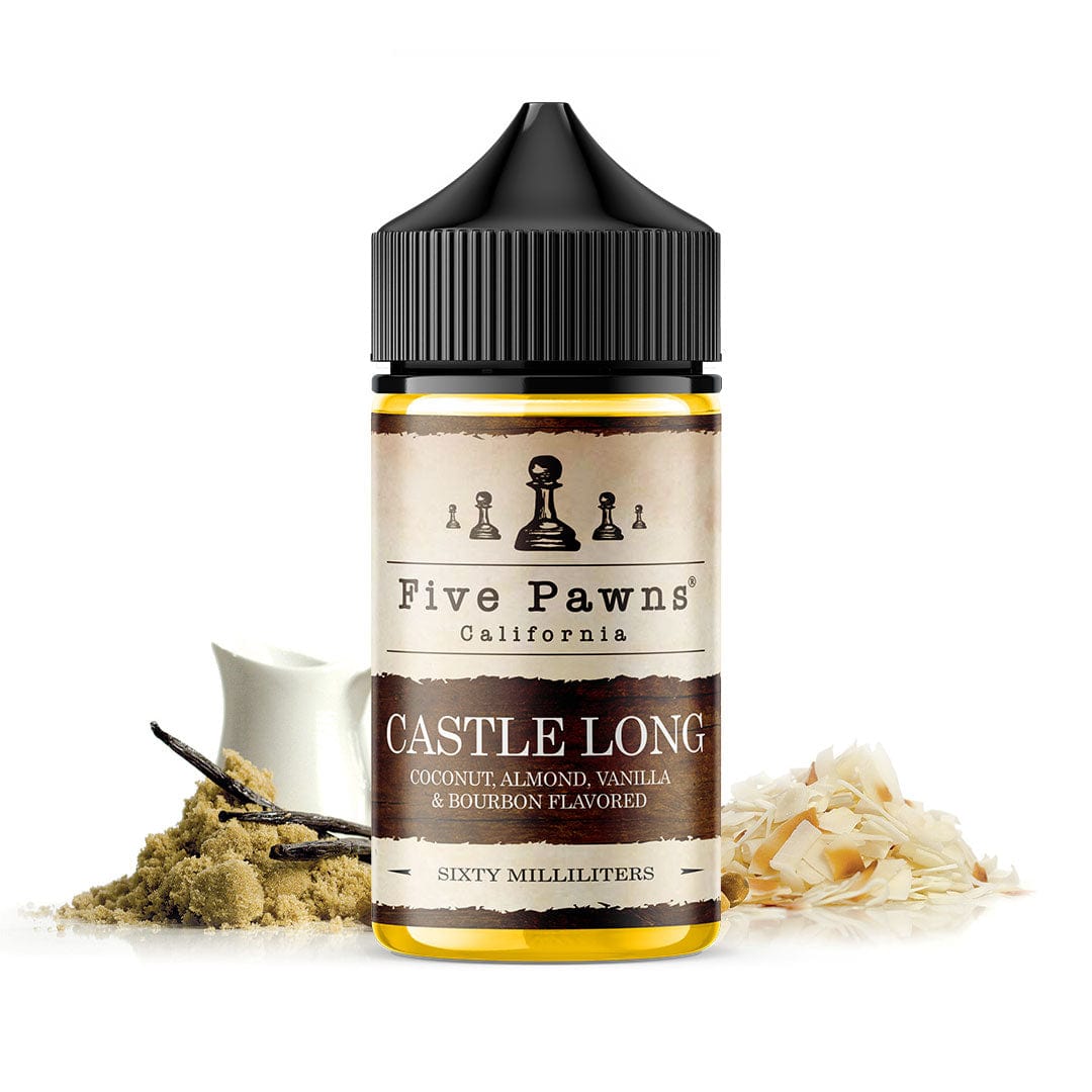 Castle Long e-liquid by Five Pawns in a 60mL bottle, featuring a rich, complex vape juice with layered flavors and elegant packaging.