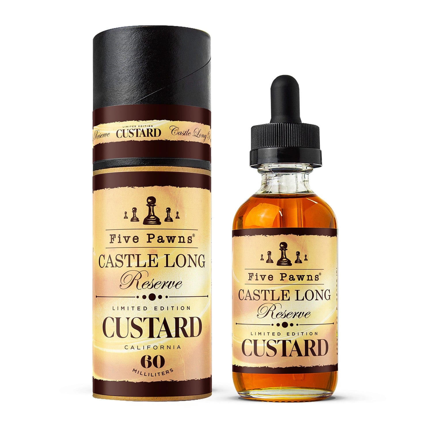 Five Pawns Castle Long Reserve Limited Custard Edition e-liquid in 60mL bottle, featuring rich custard flavor.