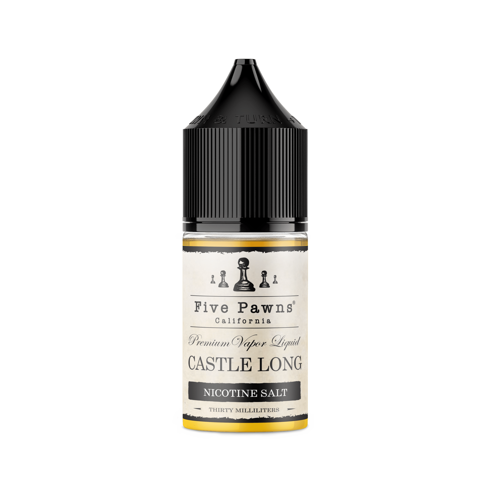 Castle Long Salt e-liquid by Five Pawns in a 30mL bottle, featuring a sleek design and the product label visible on the packaging.
