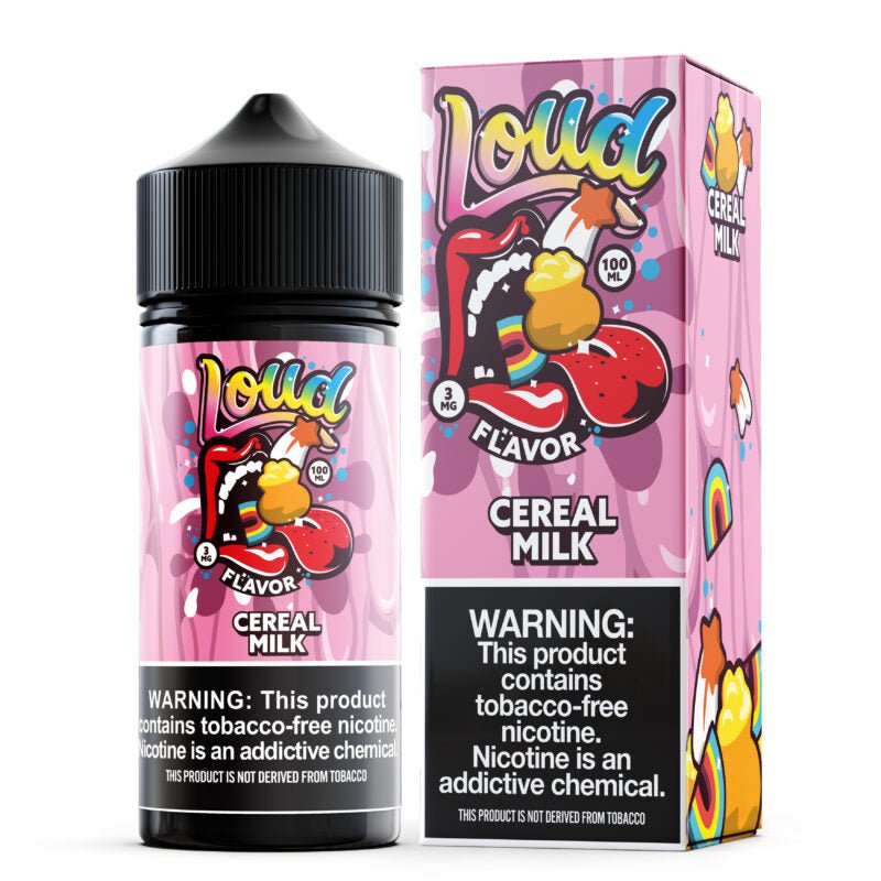 Loud Cereal Milk e-liquid bottle, 100mL with cereal milk flavor, featuring a colorful label and clear plastic cap.