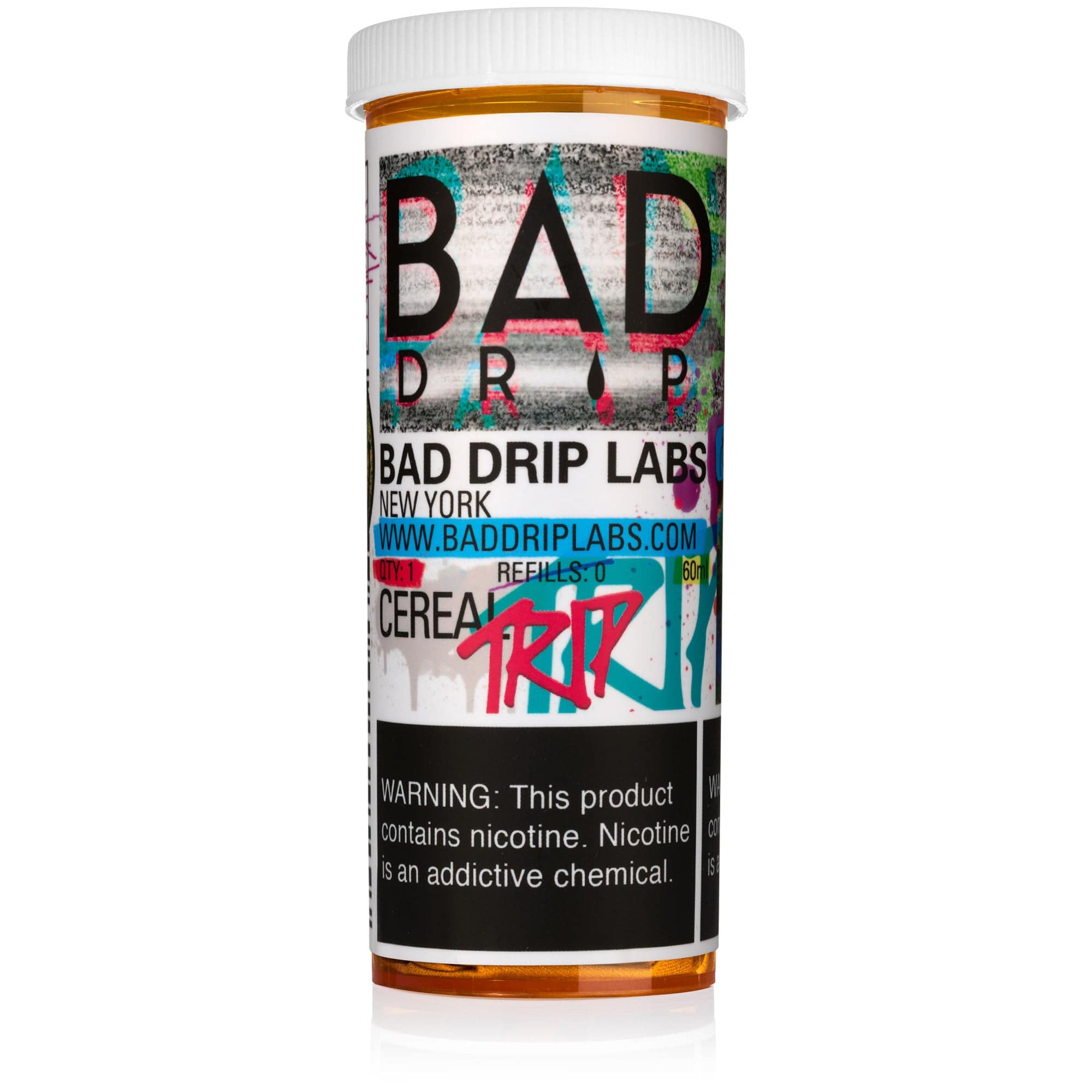 Bottle of Cereal Trip Bad Drip Labs e-liquid 60mL with colorful cereal-inspired label and packaging.