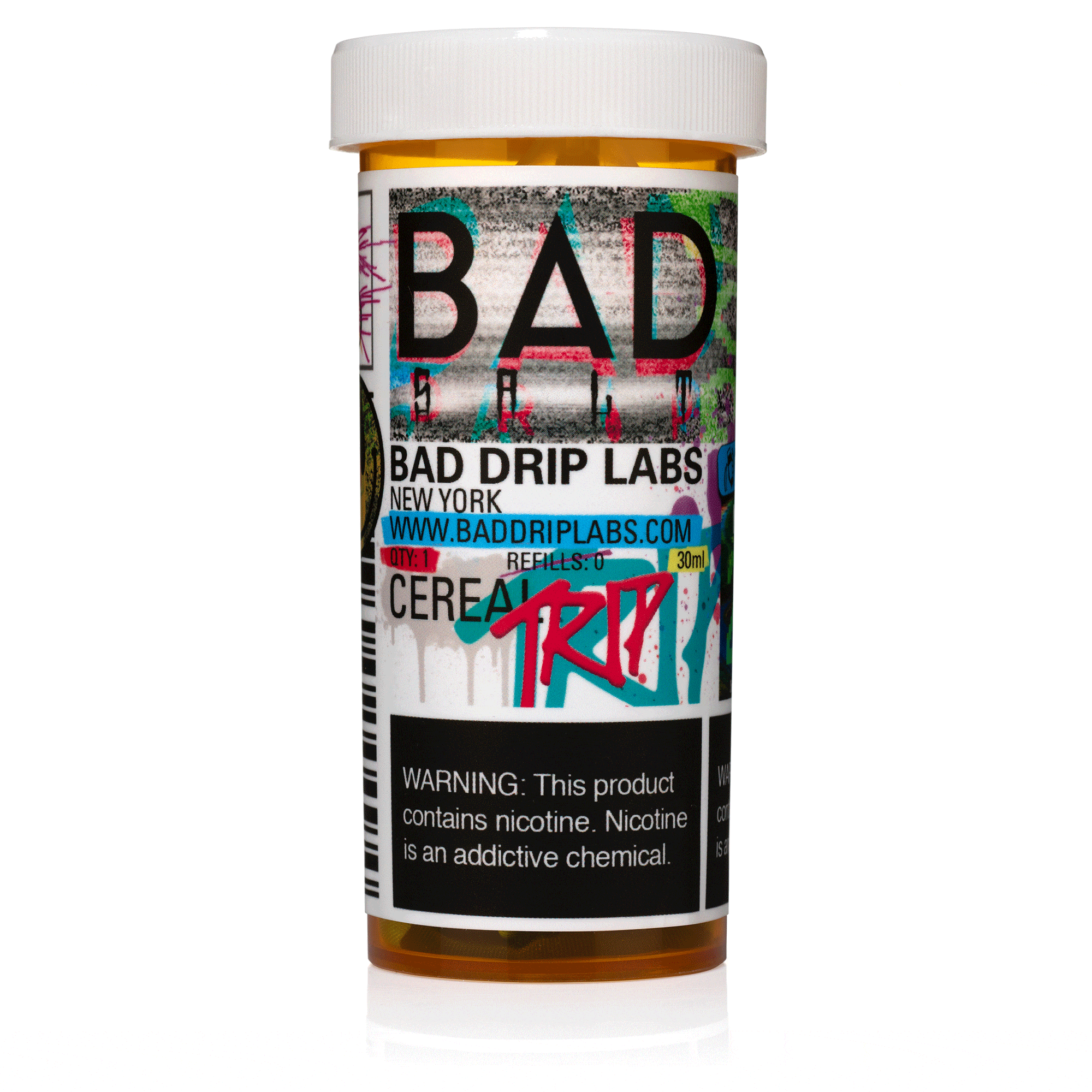 Cereal Trip SALT e-liquid by Bad Drip Labs in 30mL bottle, featuring a colorful cereal-themed label and branding.