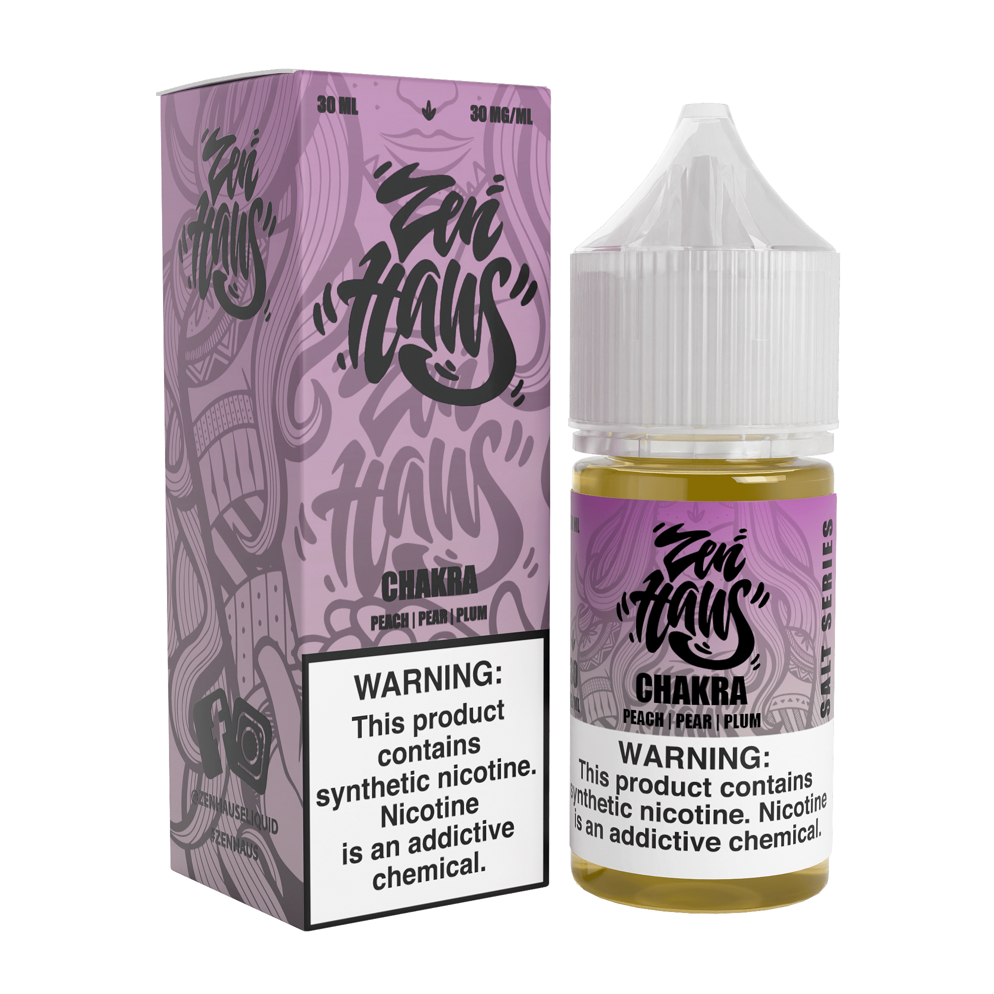 Zen Haus Chakra SALT nicotine salt bottle, 30mL, 30mg, featuring colorful chakra design on the label.