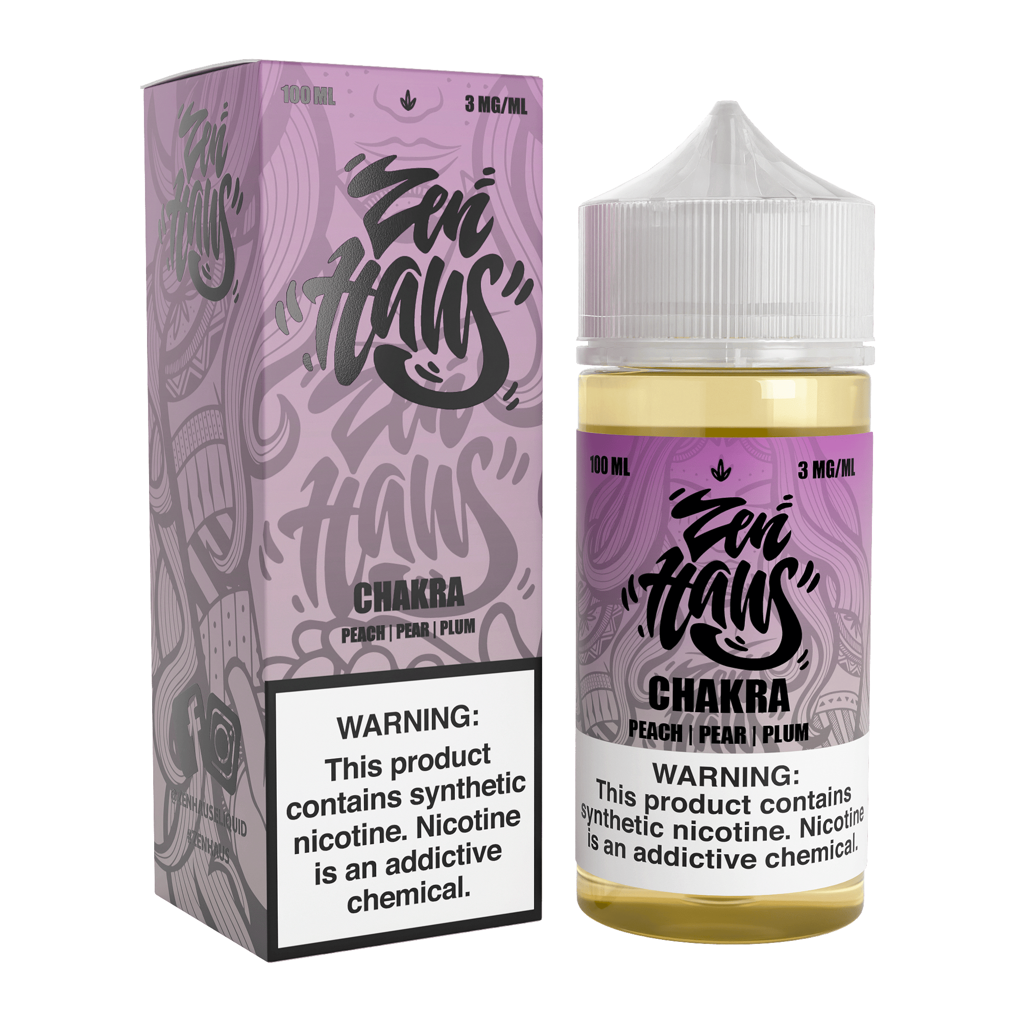 Zen Haus Chakra vape juice 100mL bottle with 3mg nicotine, featuring vibrant chakra-inspired branding and colorful label design.