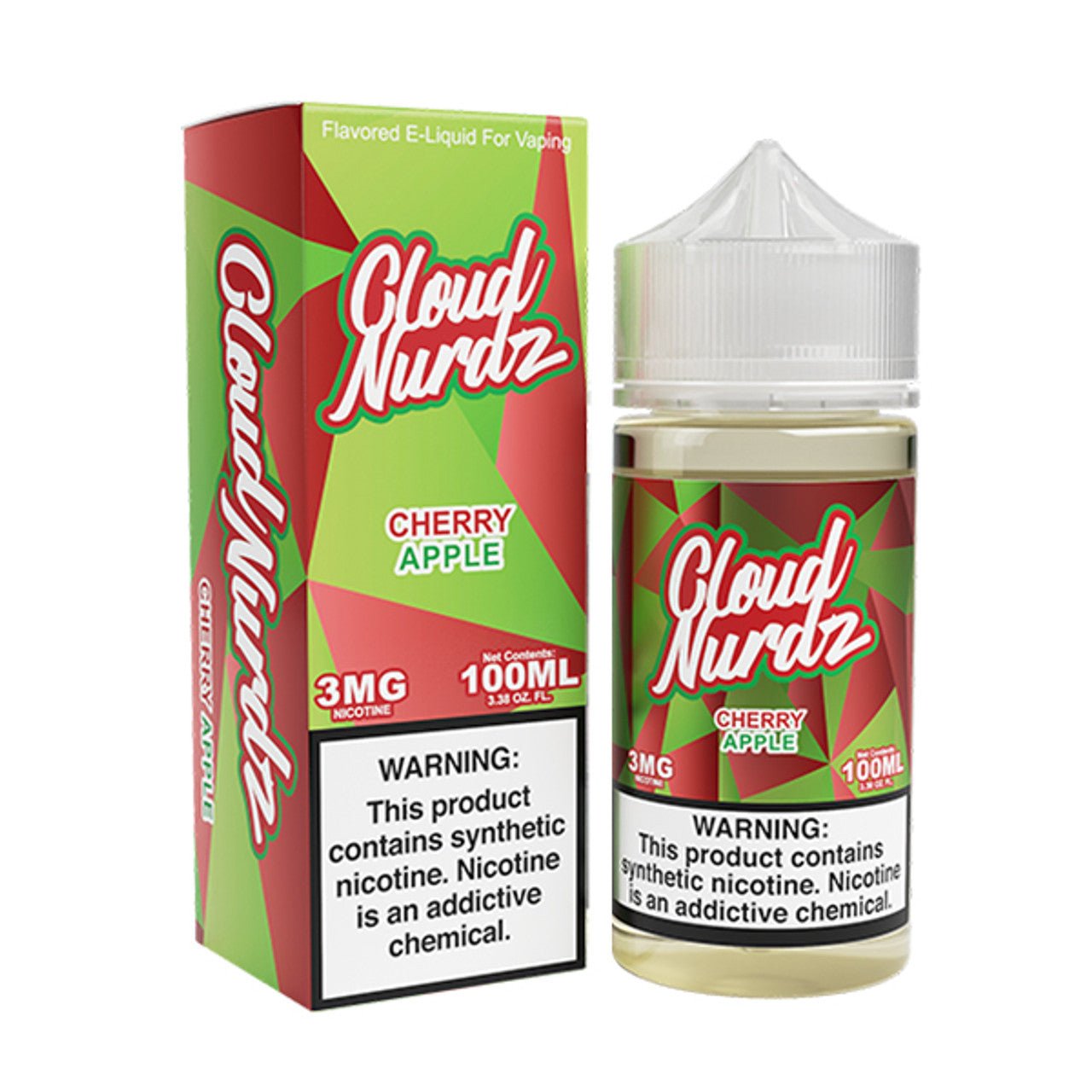 Cherry and apple flavored Cloud Nurdz e-liquid in a 100mL bottle, with vibrant cherry and apple illustrations on the label.