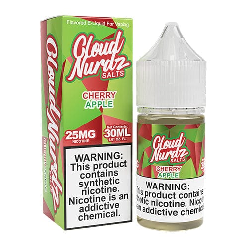 Cherry apple flavored Cloud Nurdz SALTS e-liquid in a 30mL bottle, with vibrant cherry and apple illustrations on the label.
