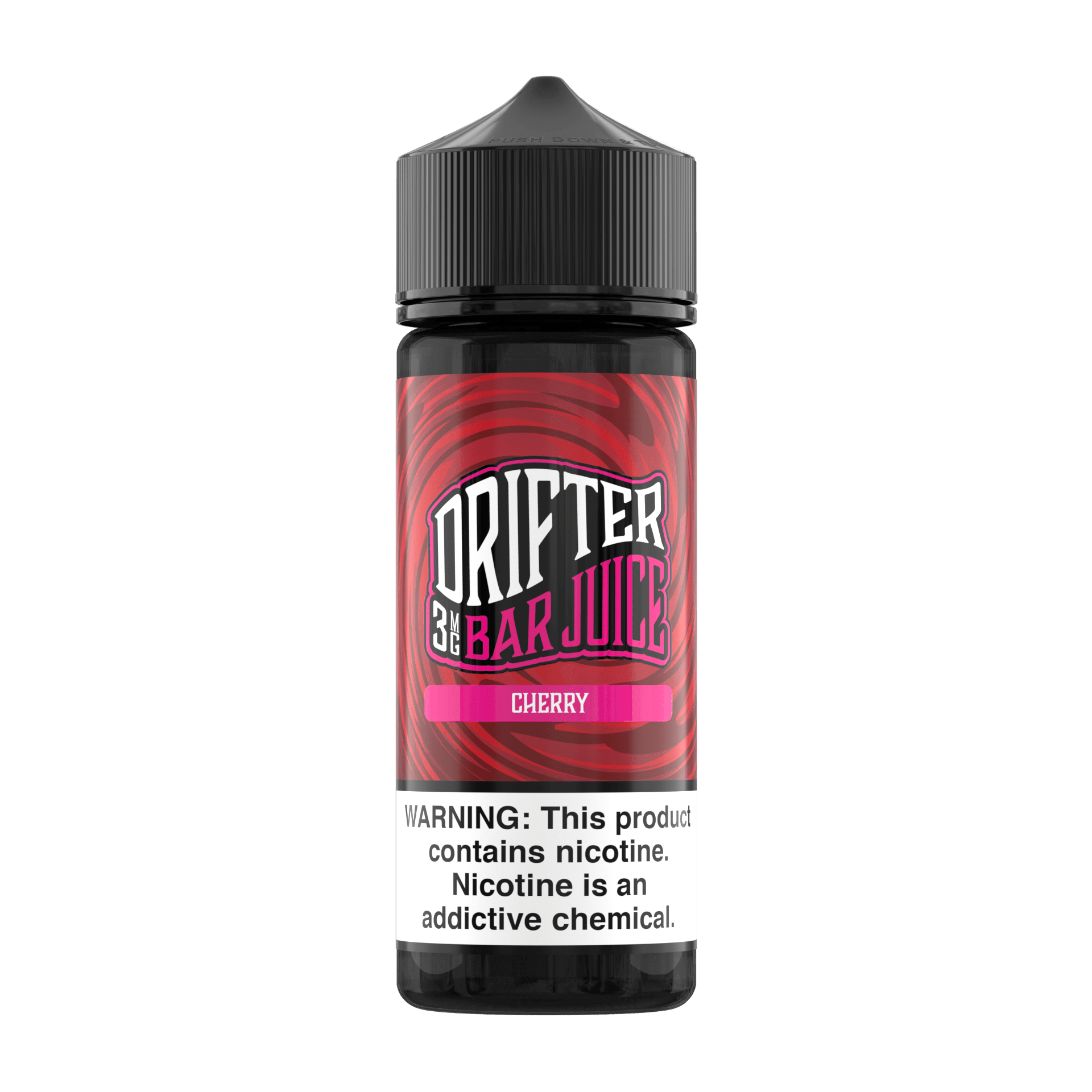 Cherry Drifter E-Liquid bottle, 120mL, featuring a cherry flavor label and clear plastic container with a black cap.