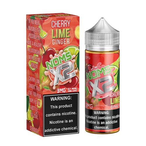 Bottle of Nomenon E-Liquids Cherry Lime Ginger e-liquid, 120mL bottle with colorful label featuring cherry, lime, and ginger flavors.