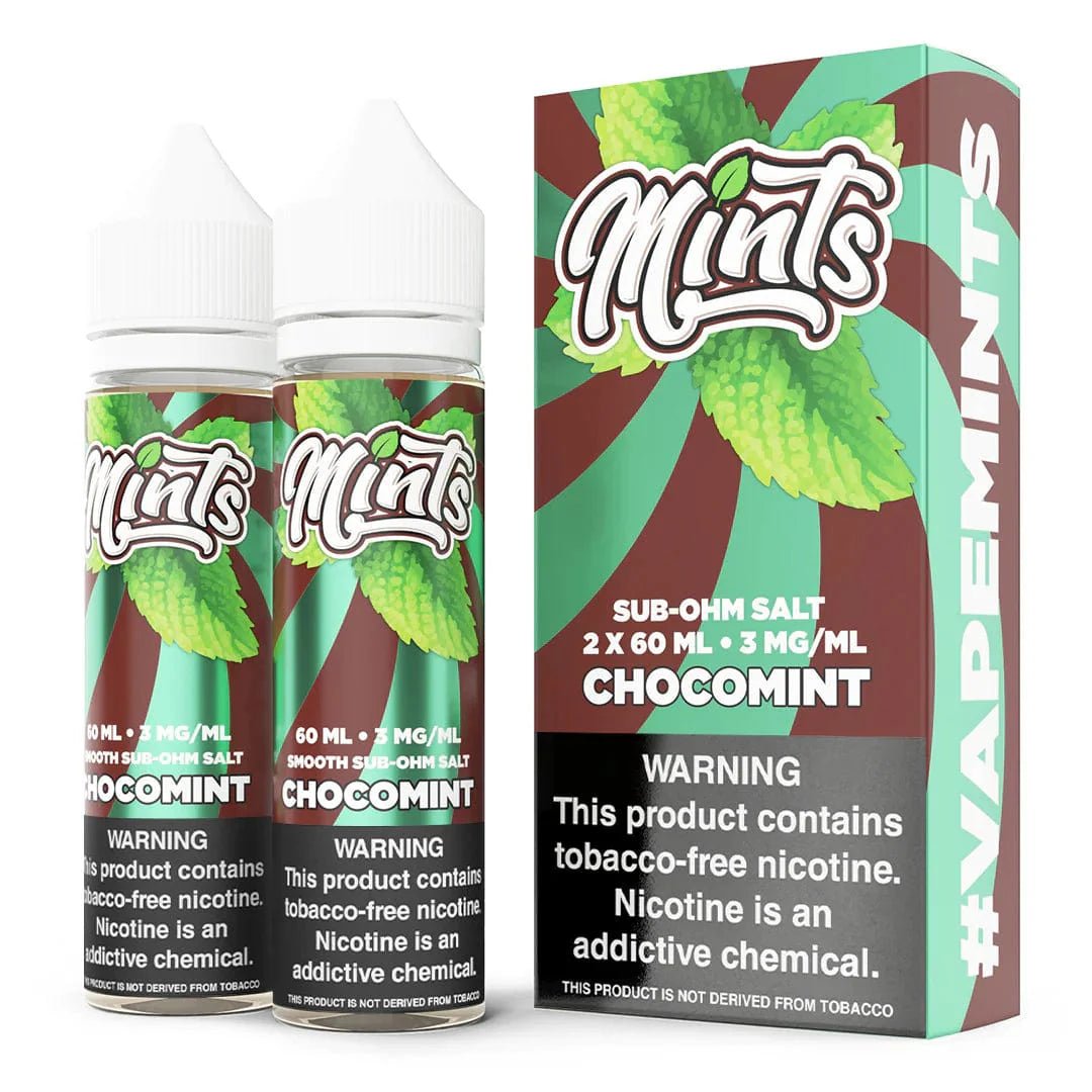 Chocomint Mints Vape Co. e-liquid in a 120mL bottle with a chocolate and mint flavor design on the label.