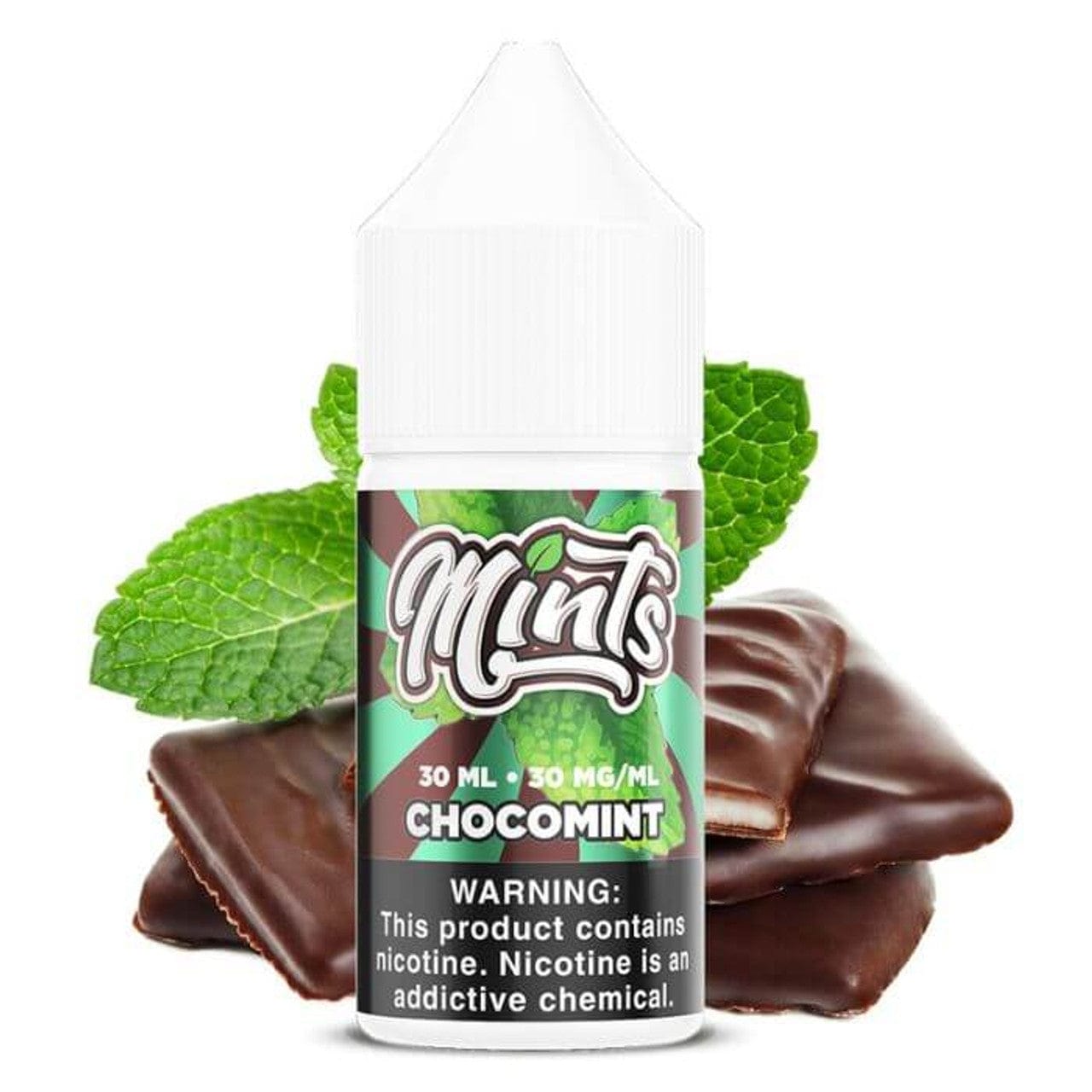 Chocomint SALT e-liquid by Mints Vape Co. in a 30mL bottle, featuring a mint and chocolate flavor profile.