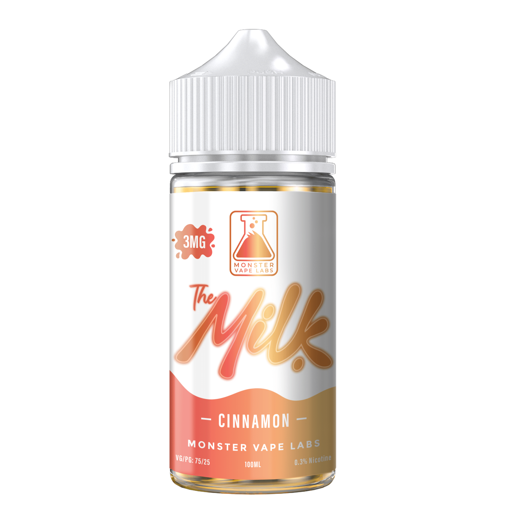 Bottle of Cinnamon The Milk E-Liquid 100mL, featuring cinnamon flavor with a clear plastic bottle and label design.
