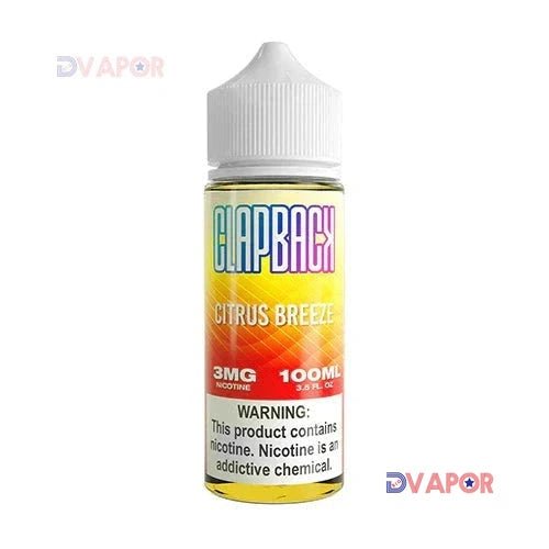 Citrus Breeze Clapback 100ml e-liquid by SAVEUR Vape featuring fresh citrus flavor in a clear bottle with vibrant citrus images.