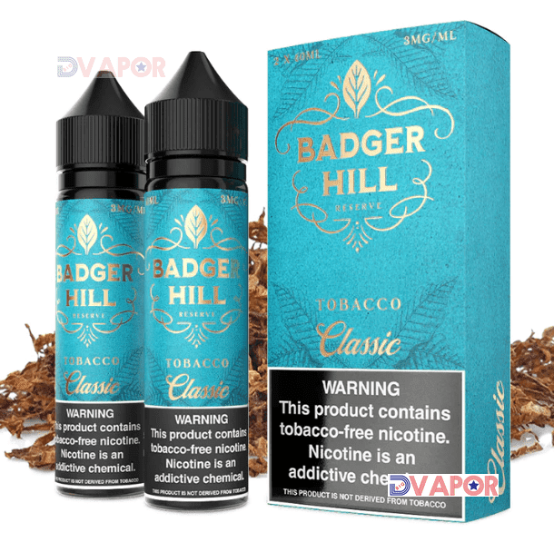 E-liquid bottle of Classic Badger Hill Reserve by Verdict Vapors, 120ml, with label showing the product and brand name.