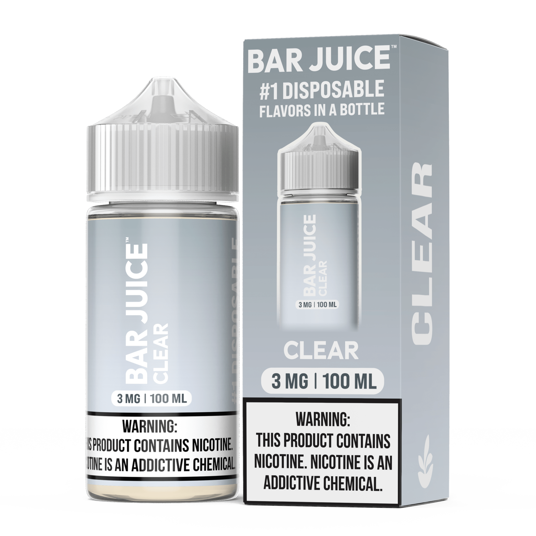 Clear Bar Juice 100mL e-liquid bottle, transparent packaging, featuring the Bar Juice brand label and product information.