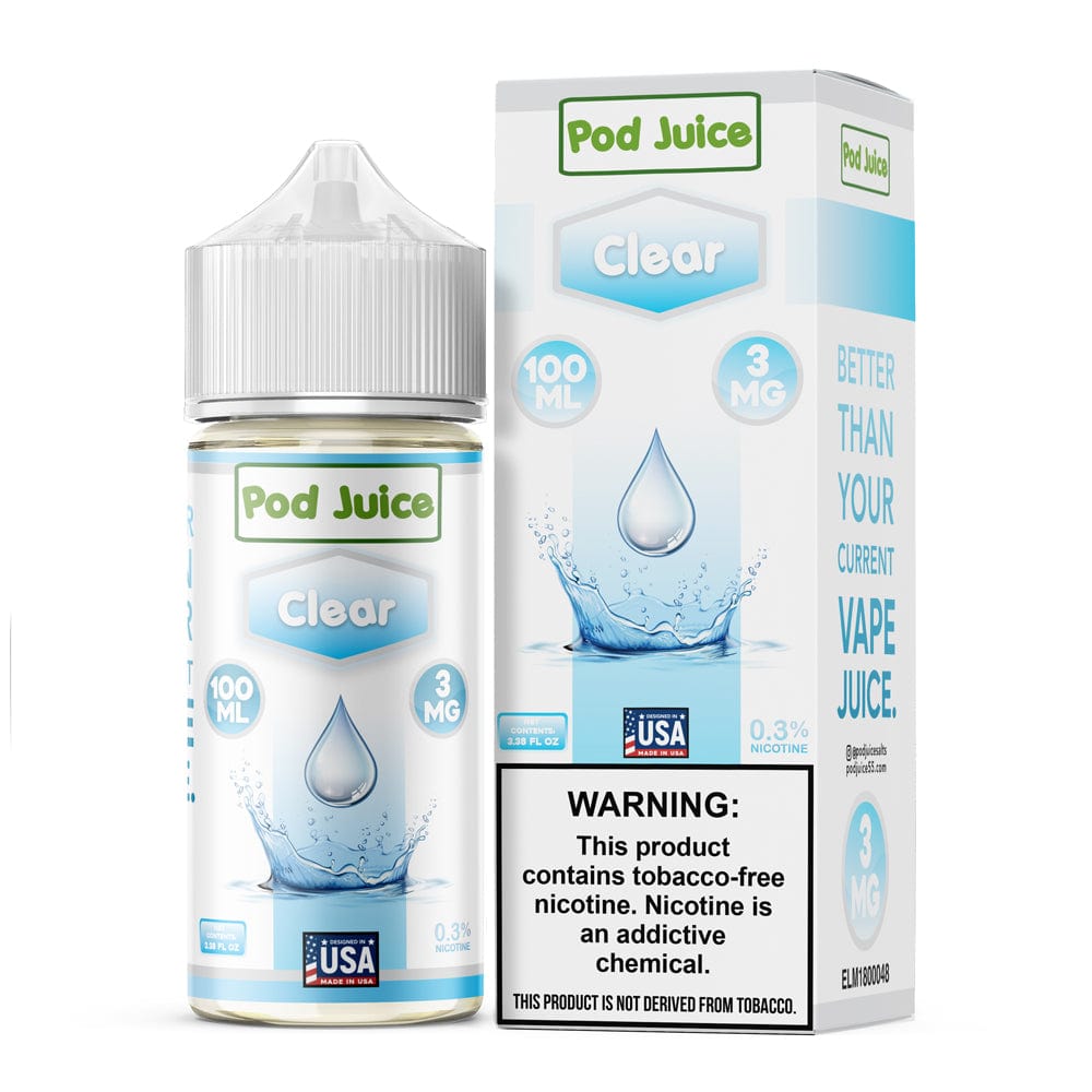 Clear Pod Juice e-liquid 100mL bottle with transparent packaging and label, designed for vaping devices.
