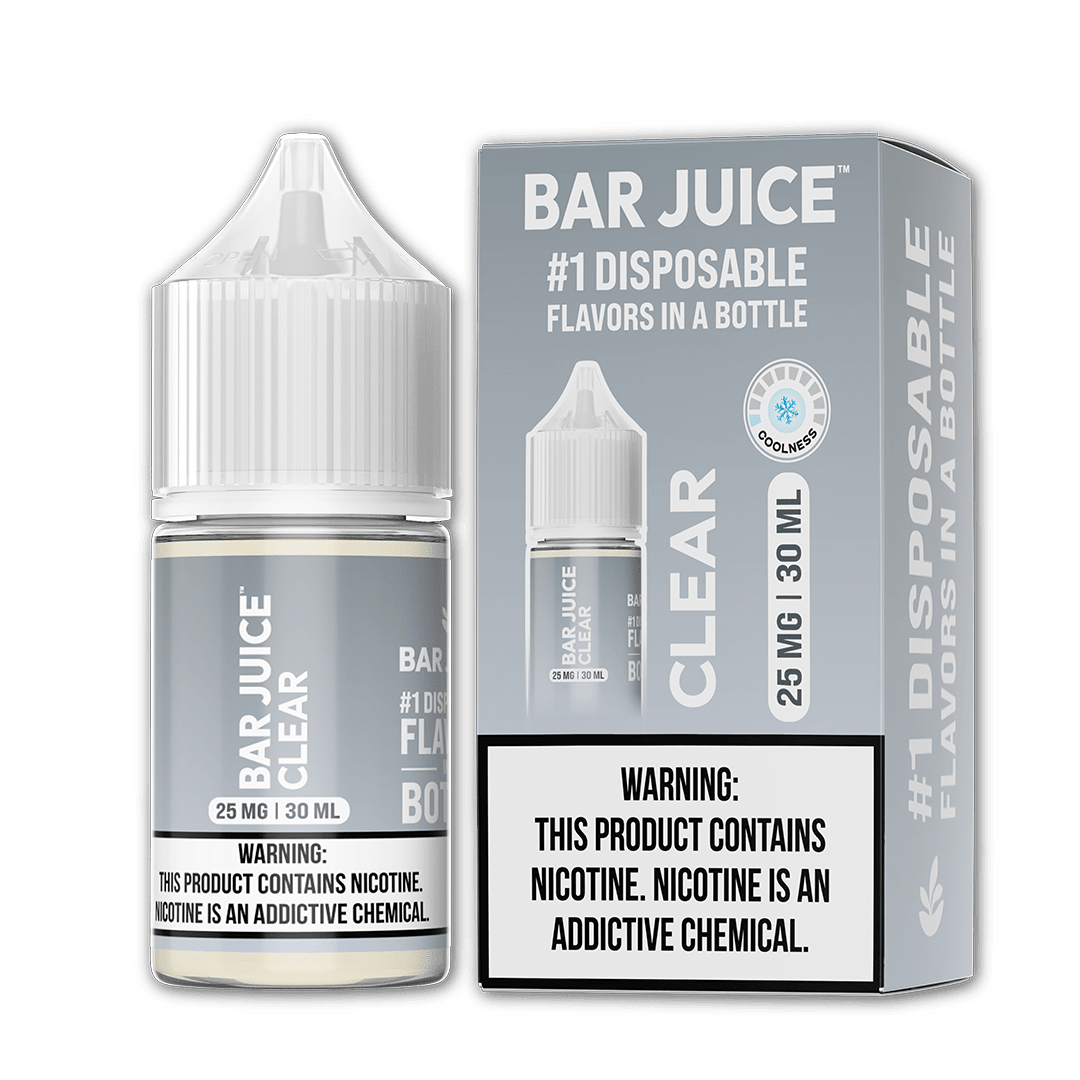 Clear SALT Bar Juice 30mL e-liquid bottle featuring a transparent design and vibrant label for vaping enjoyment.