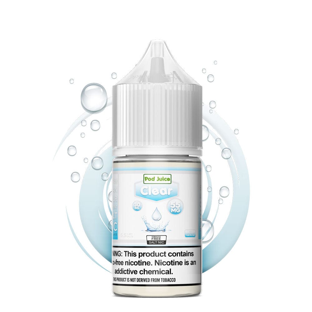 Clear SALT Pod Juice e-liquid bottle, 30mL, with transparent packaging and label featuring the Pod Juice brand.