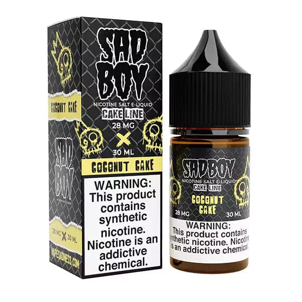 Sadboy Coconut Cake Salt e-liquid bottle, 30mL, with coconut cake flavor, for vaping and e-cigarettes.