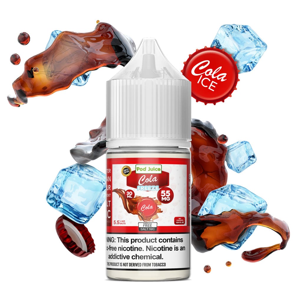 Cola Freeze Salt E-liquid by Pod Juice, 30mL, featuring a refreshing cola flavor with icy cool mint notes.