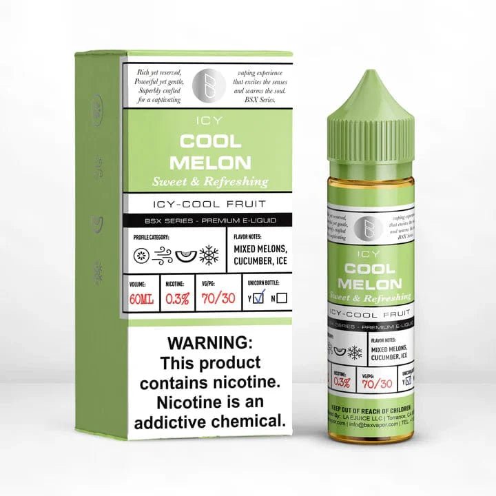 Cool Melon BSX Series e-liquid bottle with vibrant label, 60mL size, by BSX Vapor, featuring a fresh melon flavor.