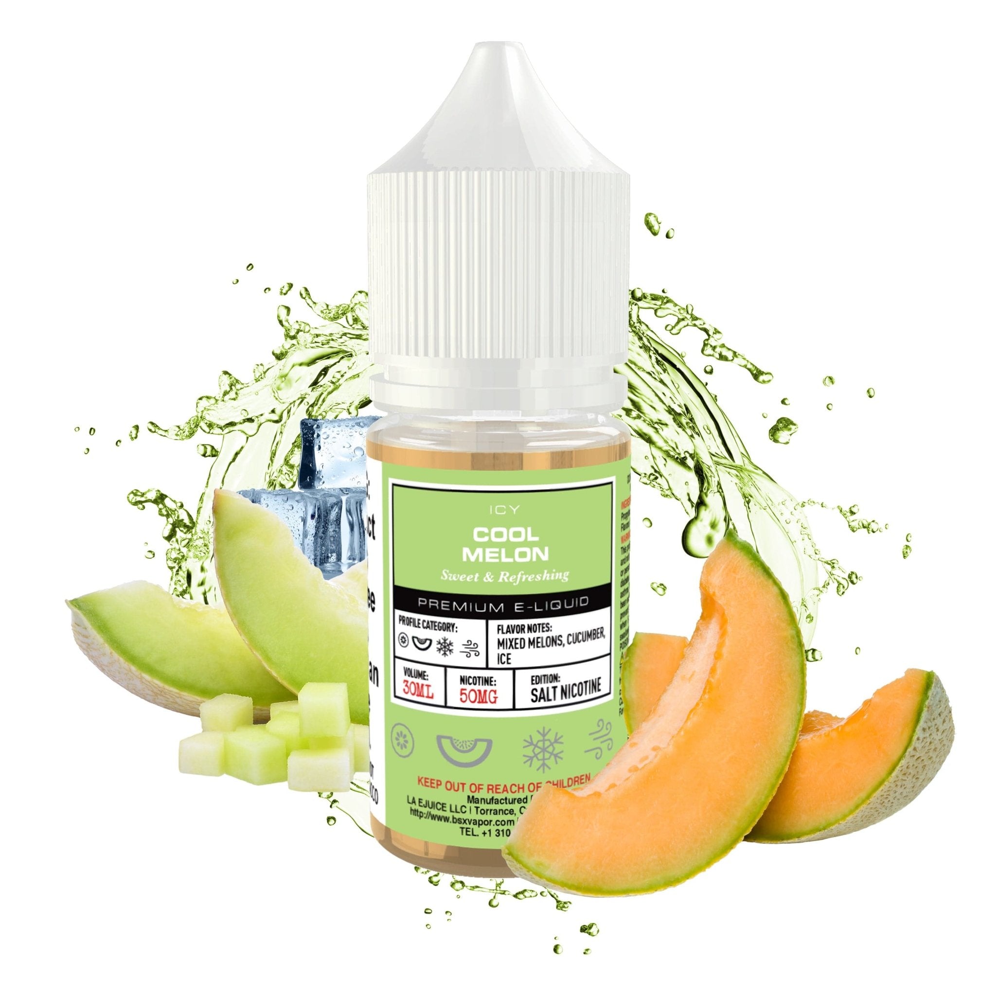 Cool Melon SALT e-liquid by BSX Vapor in 30mL bottle, featuring a refreshing melon flavor for vaping.